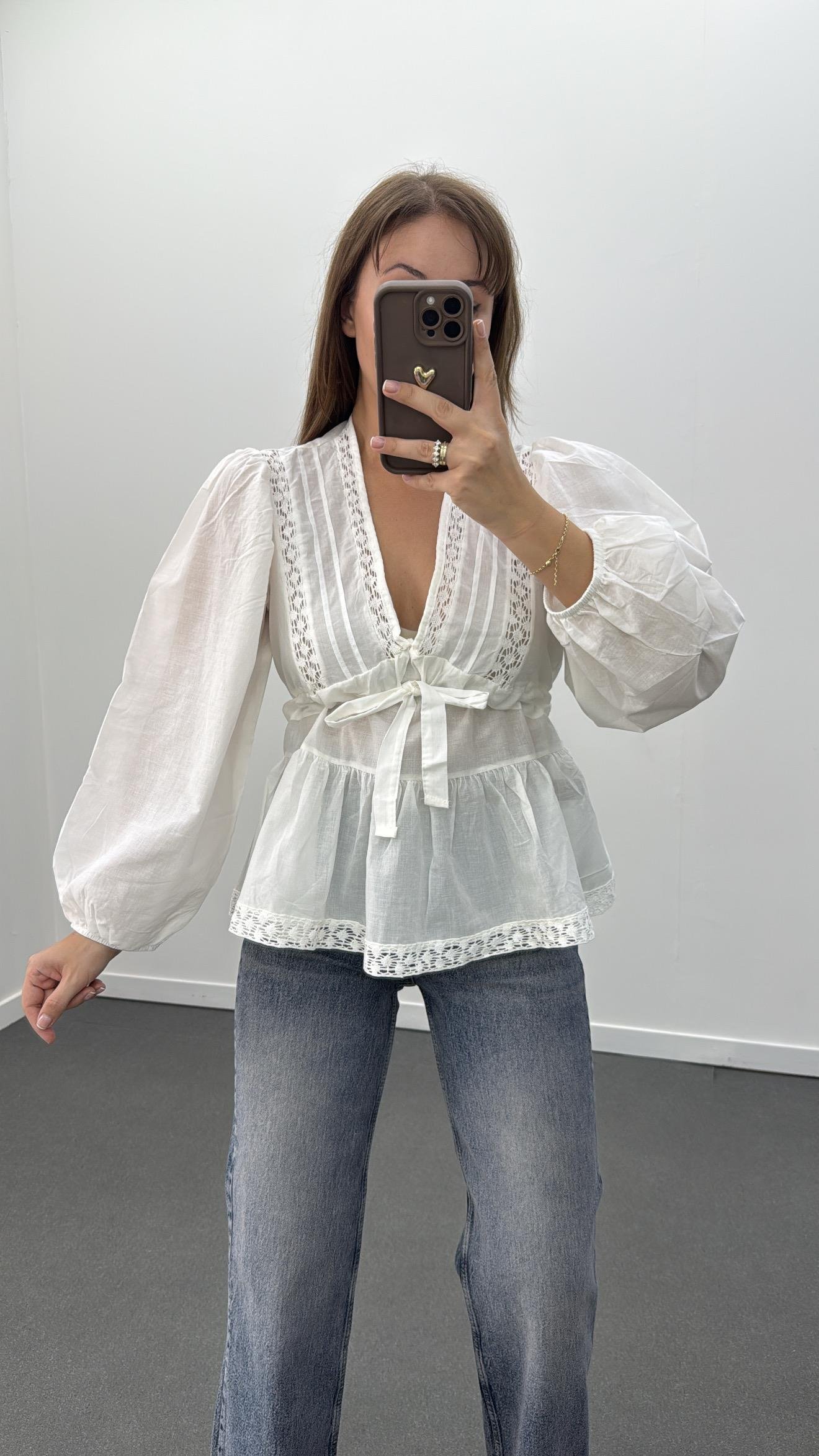 Polyanna Beyaz Dantel İşlemeli Karpuz Kol Gömlek