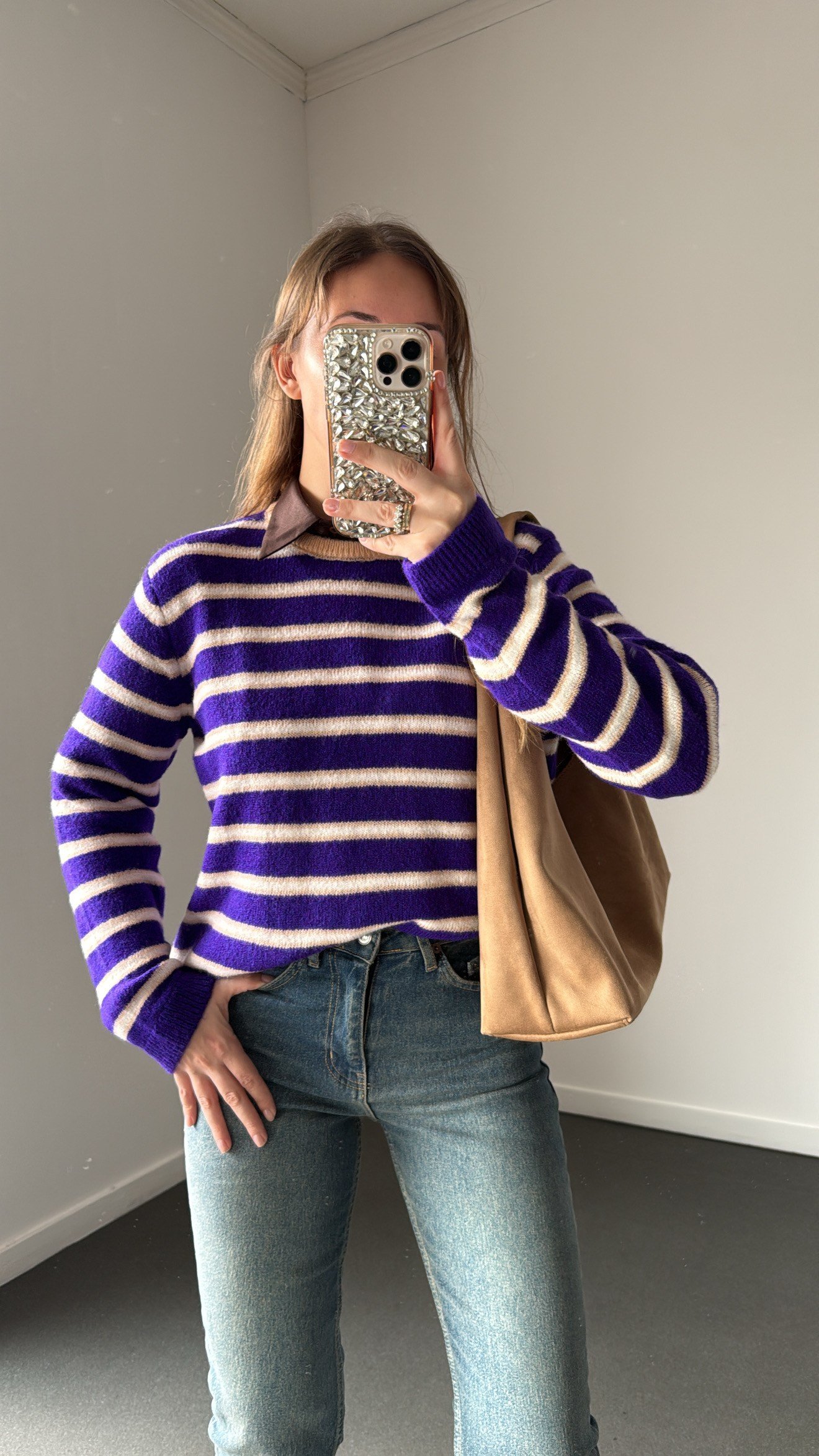 Preppy Mor Bej Çizgili Premium Triko