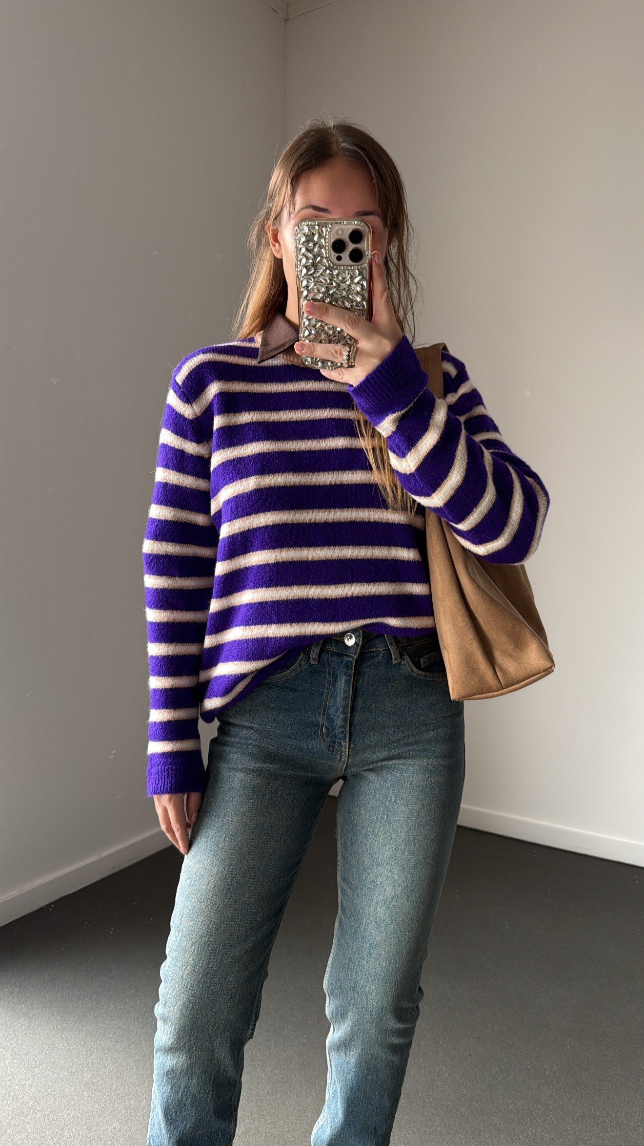 Preppy Mor Bej Çizgili Premium Triko