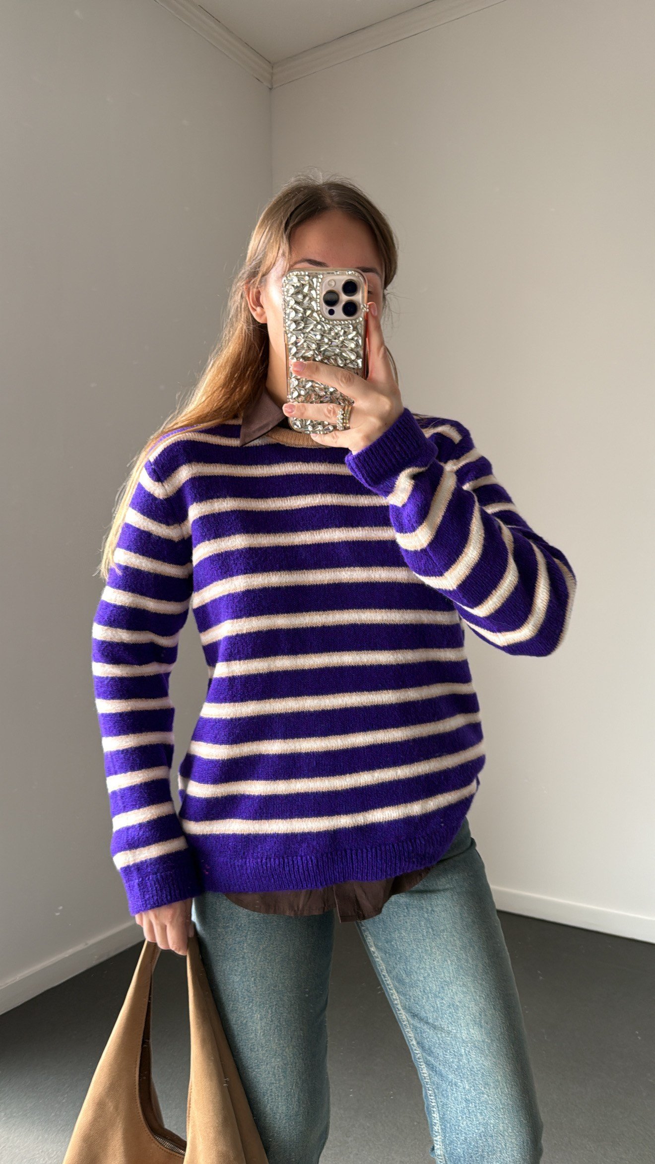Preppy Mor Bej Çizgili Premium Triko