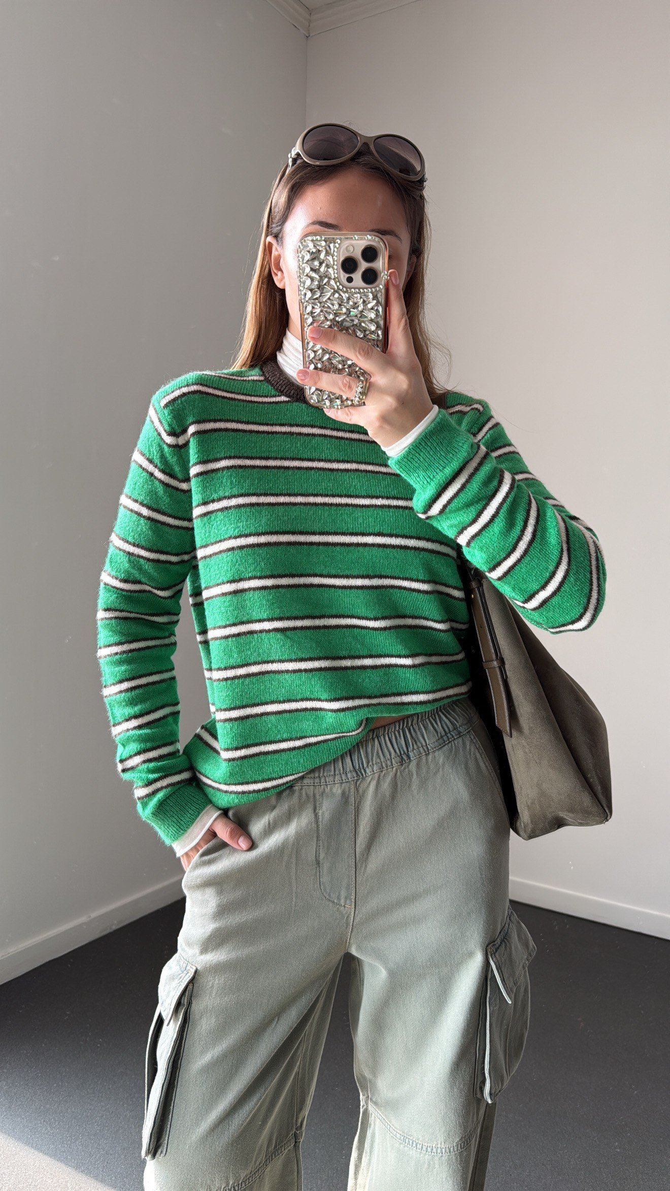 Preppy Yeşil Kahve Çizgili Premium Triko