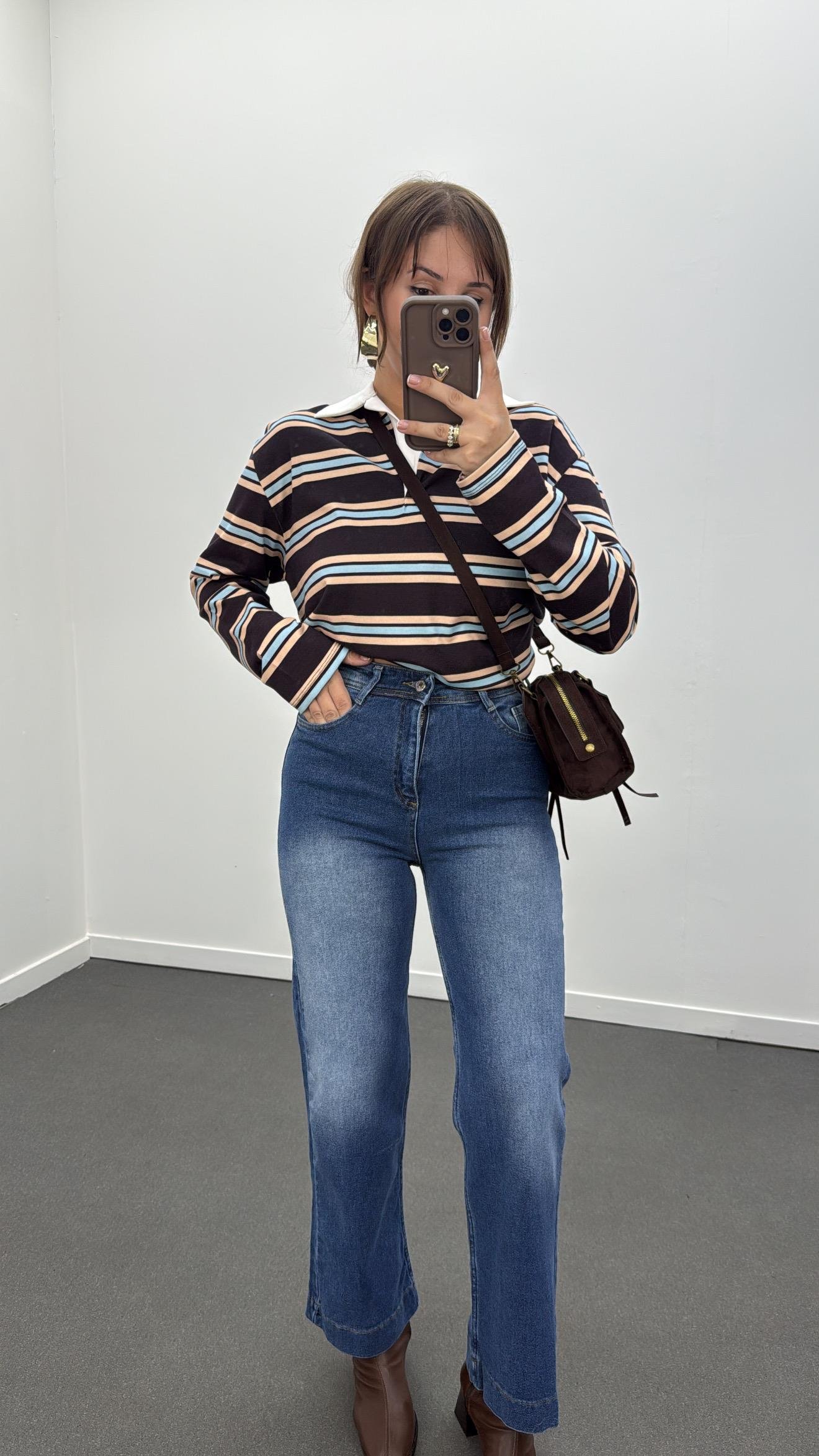 Price Kahverengi Mavi Krem Çizgili Polo Yaka Sweat