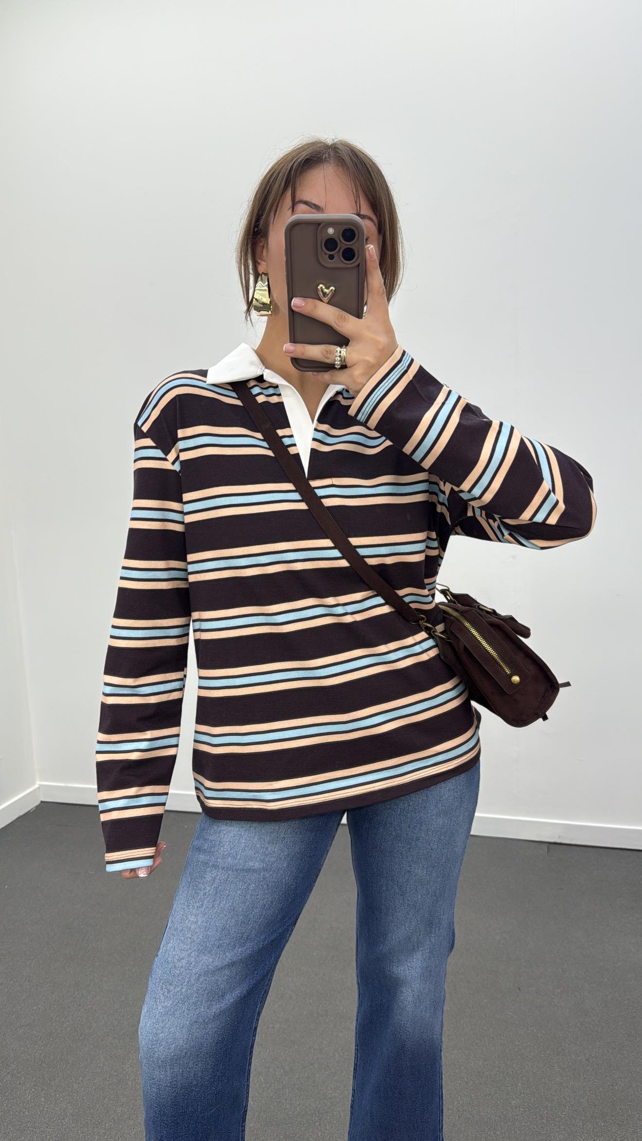 Price Kahverengi Mavi Krem Çizgili Polo Yaka Sweat