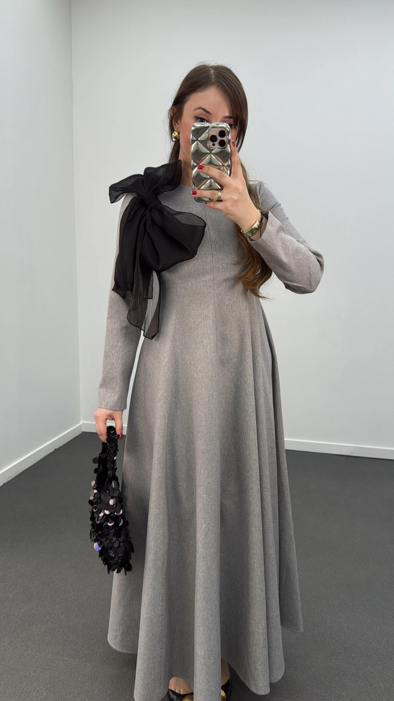 Princess Gri Uzun Kol Fiyonklu Elbise