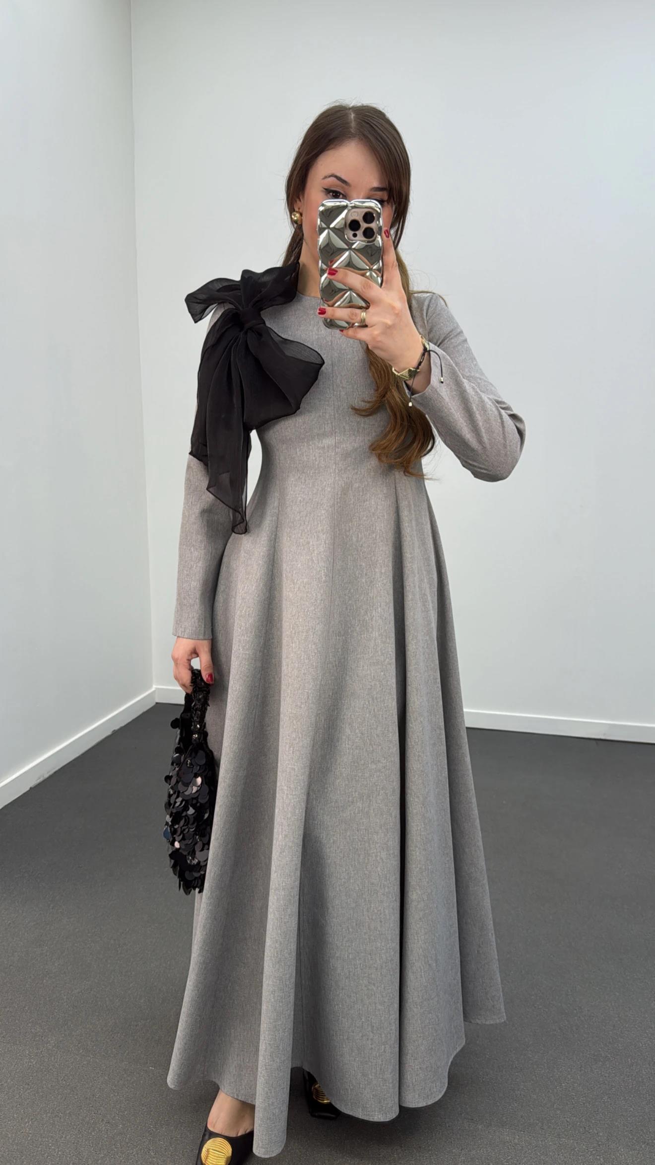 Princess Gri Uzun Kol Fiyonklu Elbise