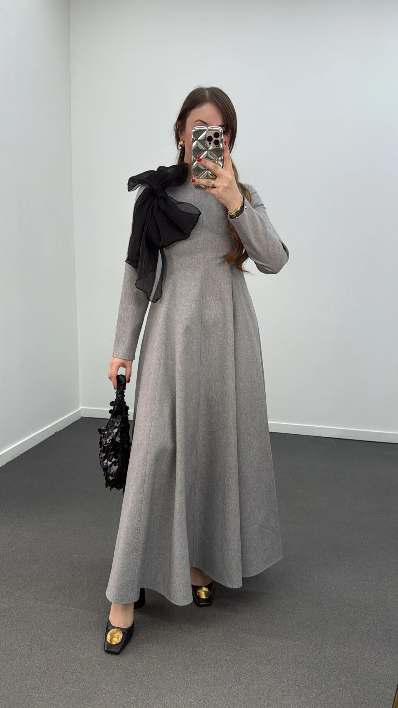 Princess Gri Uzun Kol Fiyonklu Elbise