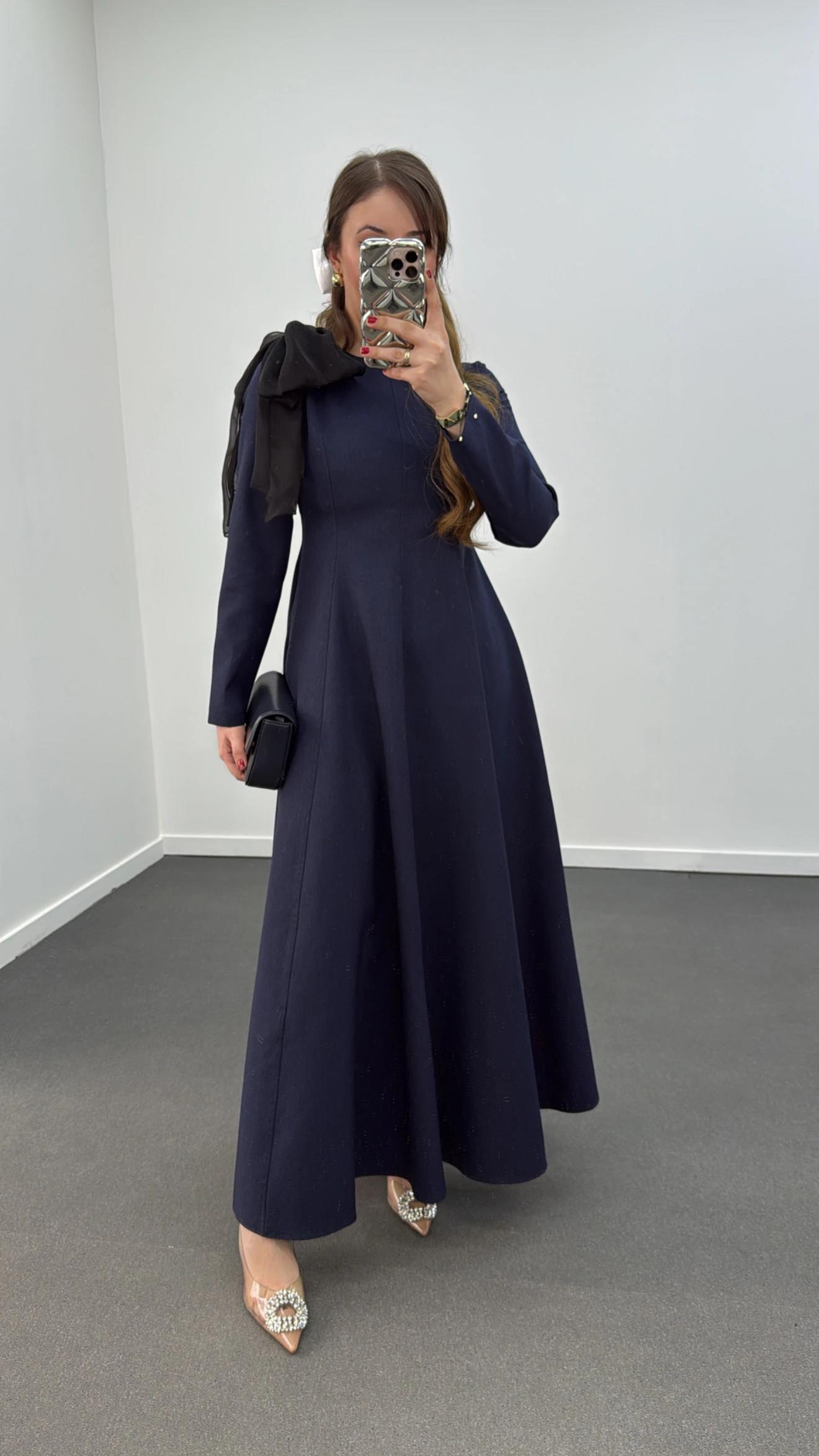 Princess Lacivert Uzun Kol Fiyonklu Premium Elbise