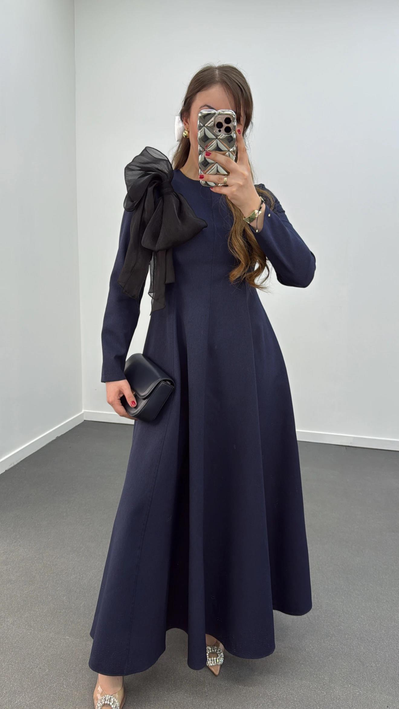 Princess Lacivert Uzun Kol Fiyonklu Premium Elbise