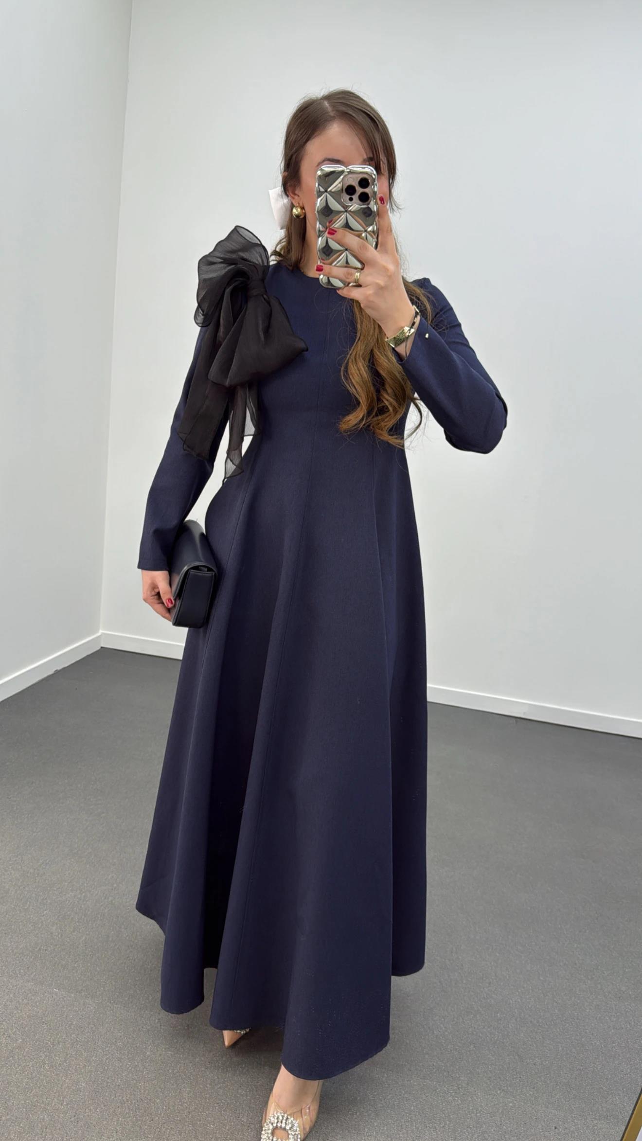 Princess Lacivert Uzun Kol Fiyonklu Premium Elbise