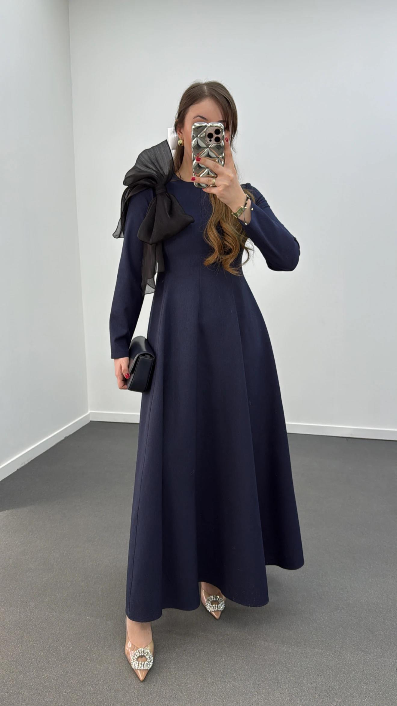 Princess Lacivert Uzun Kol Fiyonklu Premium Elbise