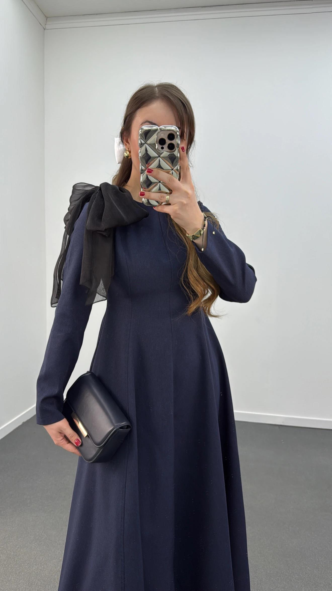 Princess Lacivert Uzun Kol Fiyonklu Premium Elbise