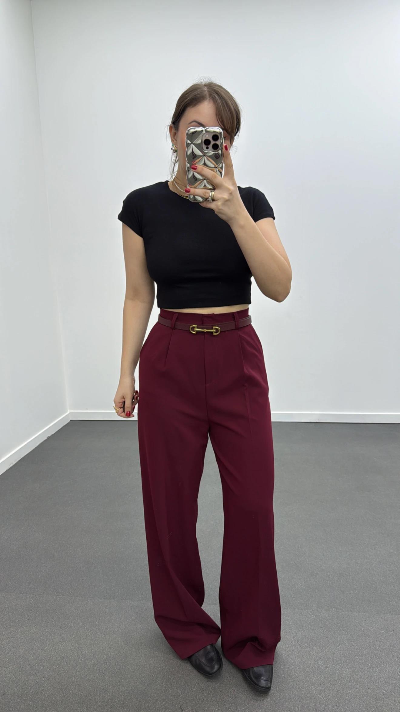 Quentin Bordo Pileli Palazzo Kumaş Pantolon