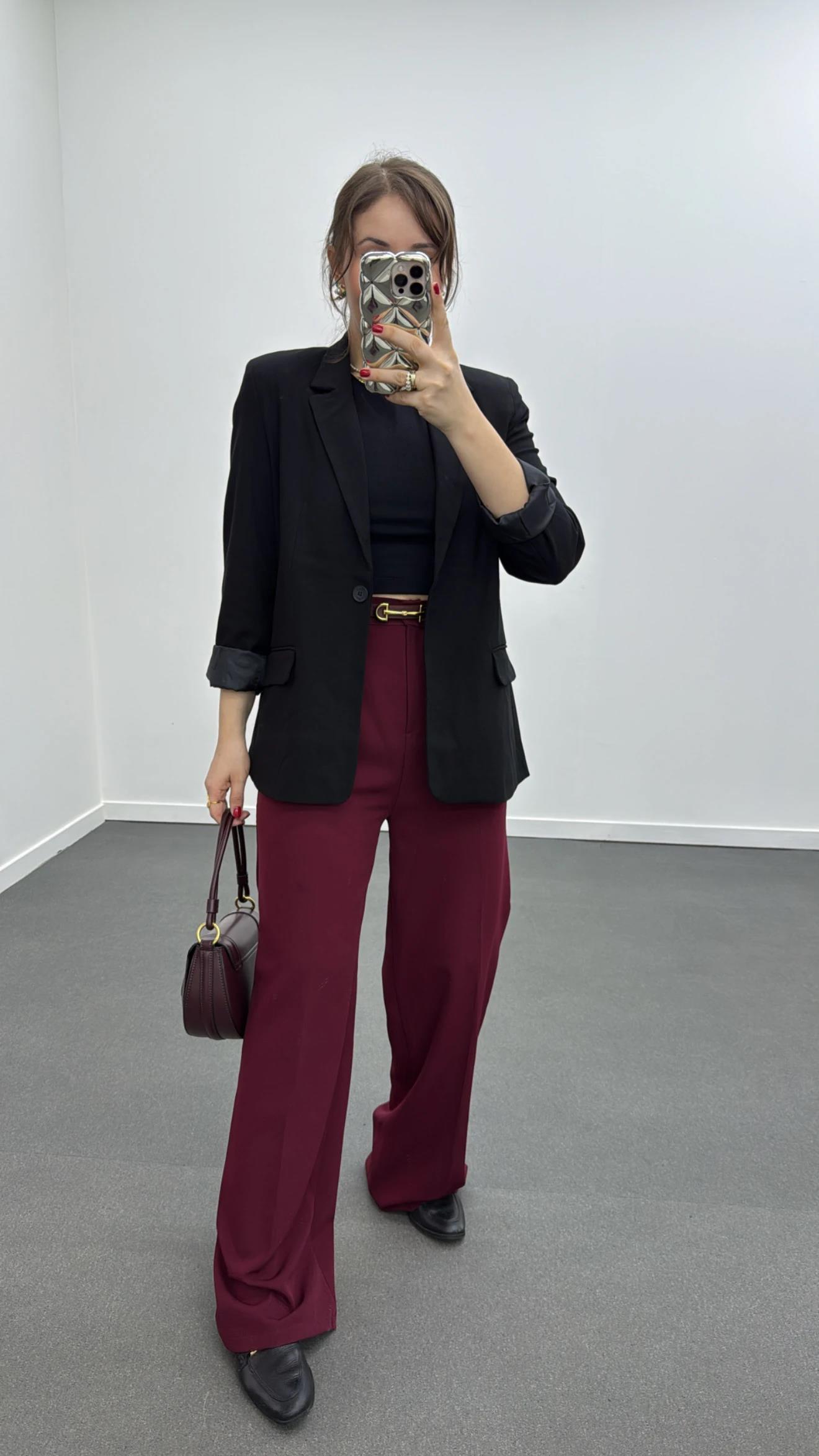 Quentin Bordo Pileli Palazzo Kumaş Pantolon