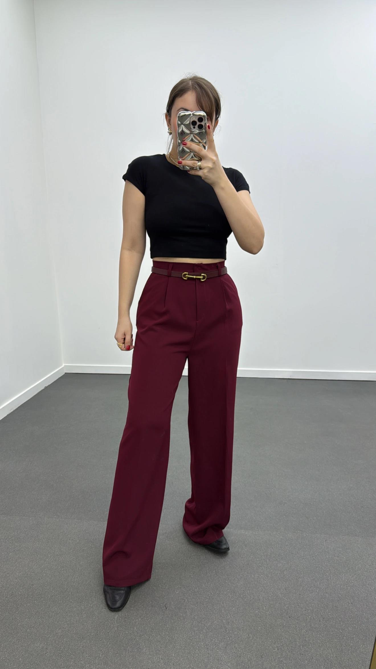 Quentin Bordo Pileli Palazzo Kumaş Pantolon