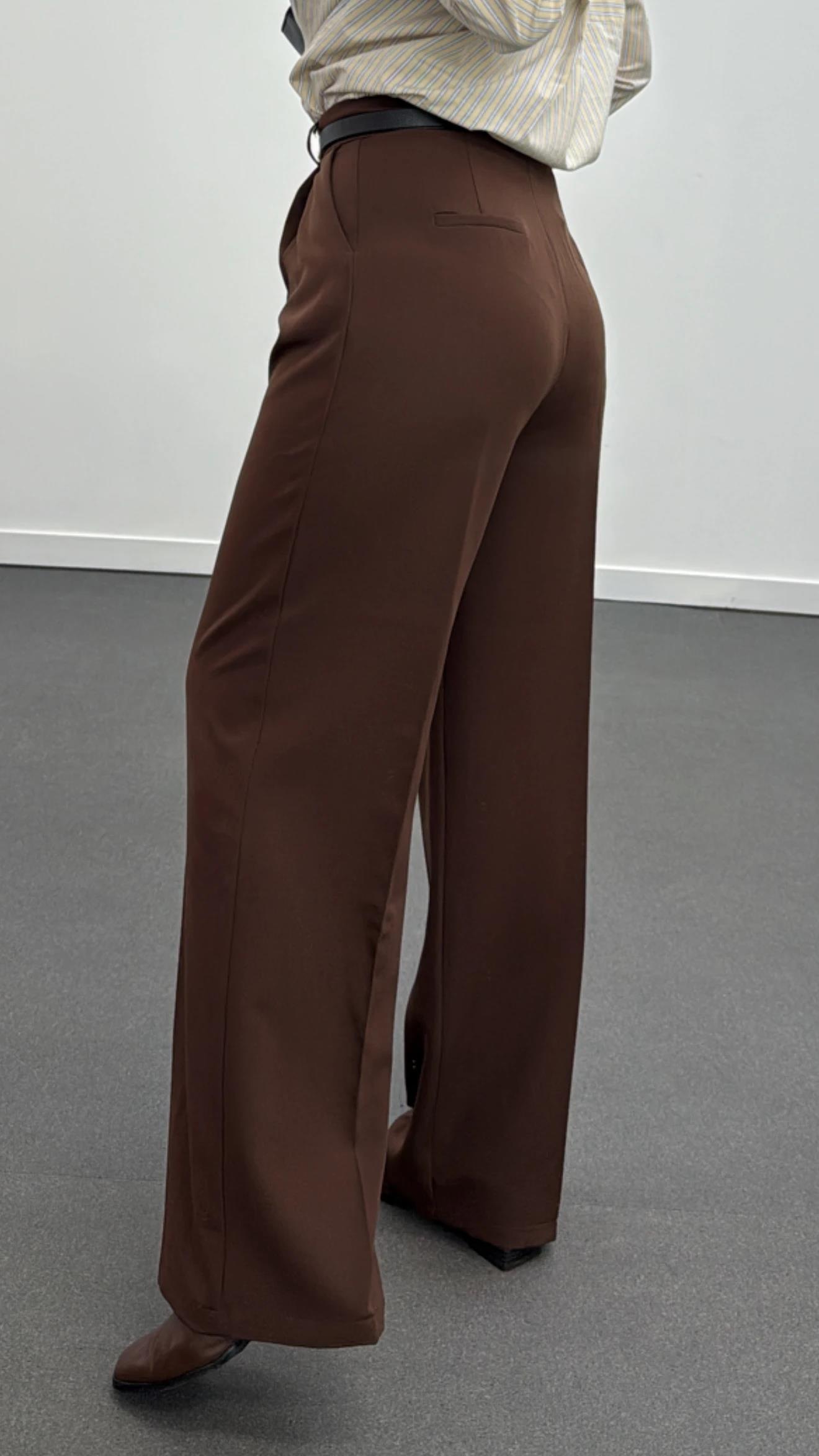 Quentin Çikolata Kahve Pileli Palazzo Kumaş Pantolon