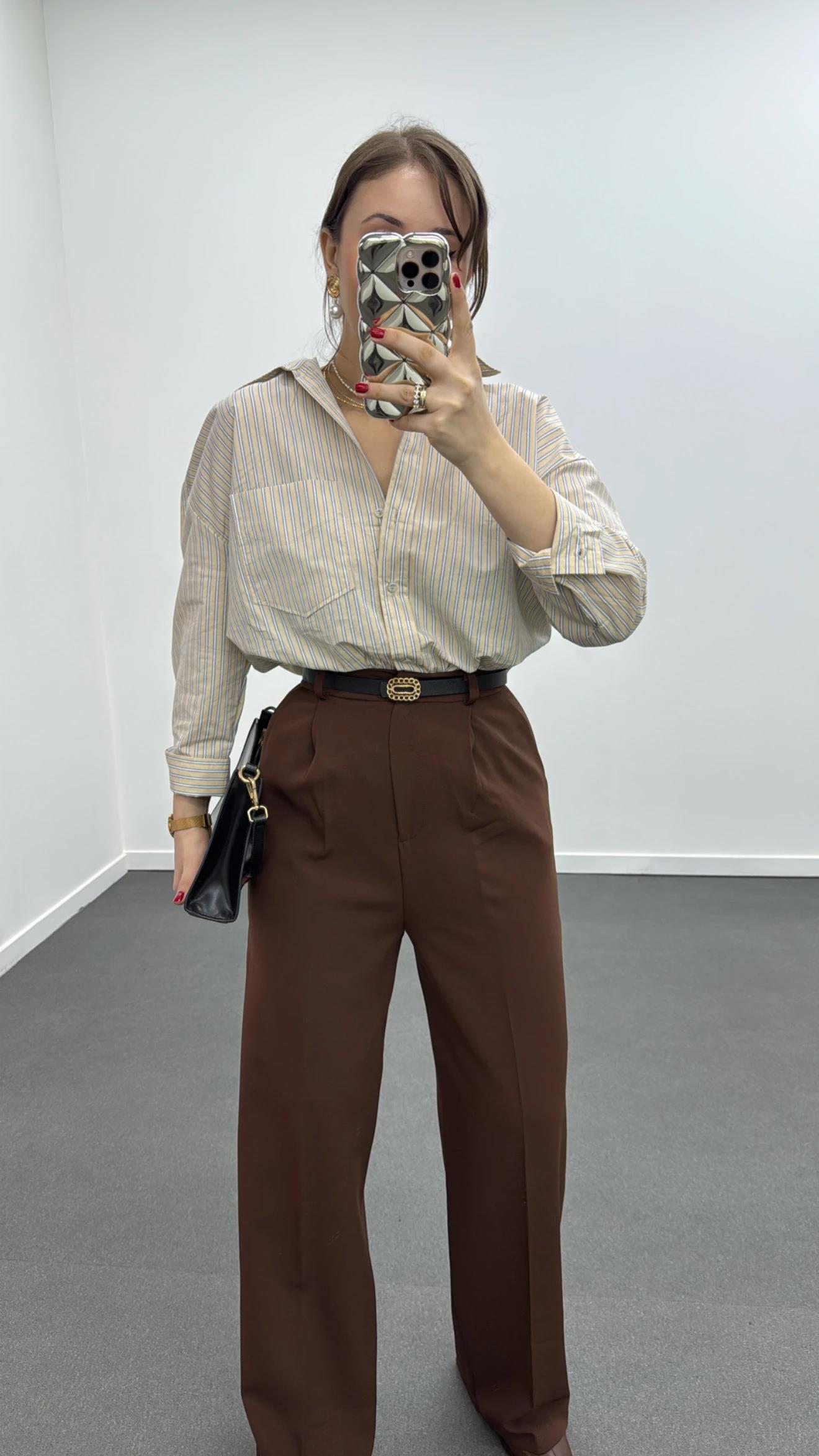 Quentin Çikolata Kahve Pileli Palazzo Kumaş Pantolon