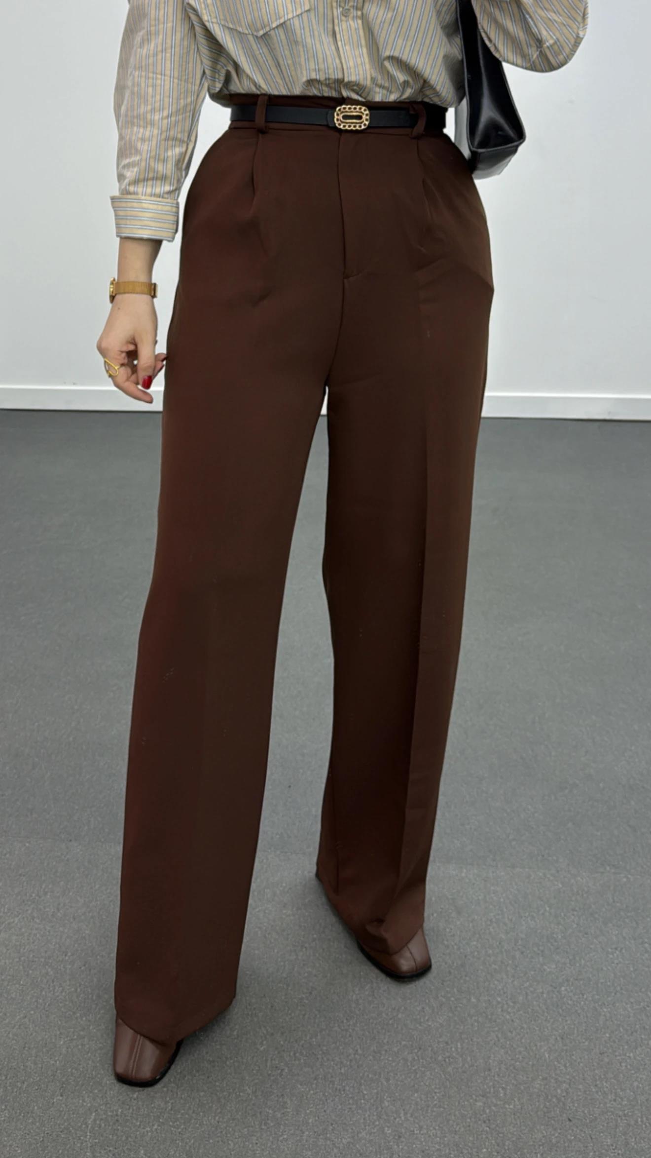 Quentin Çikolata Kahve Pileli Palazzo Kumaş Pantolon