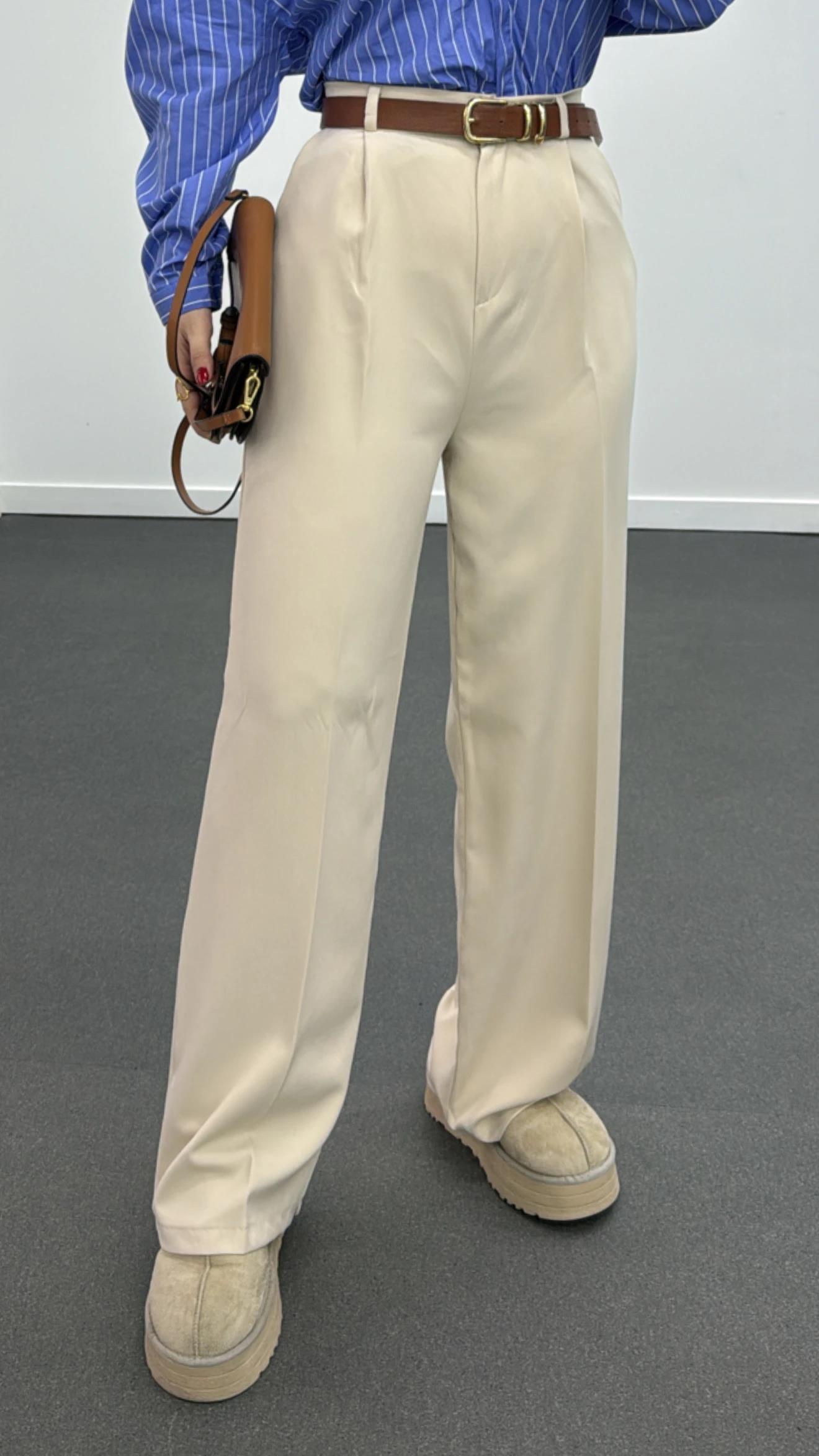 Quentin Krem Pileli Palazzo Kumaş Pantolon