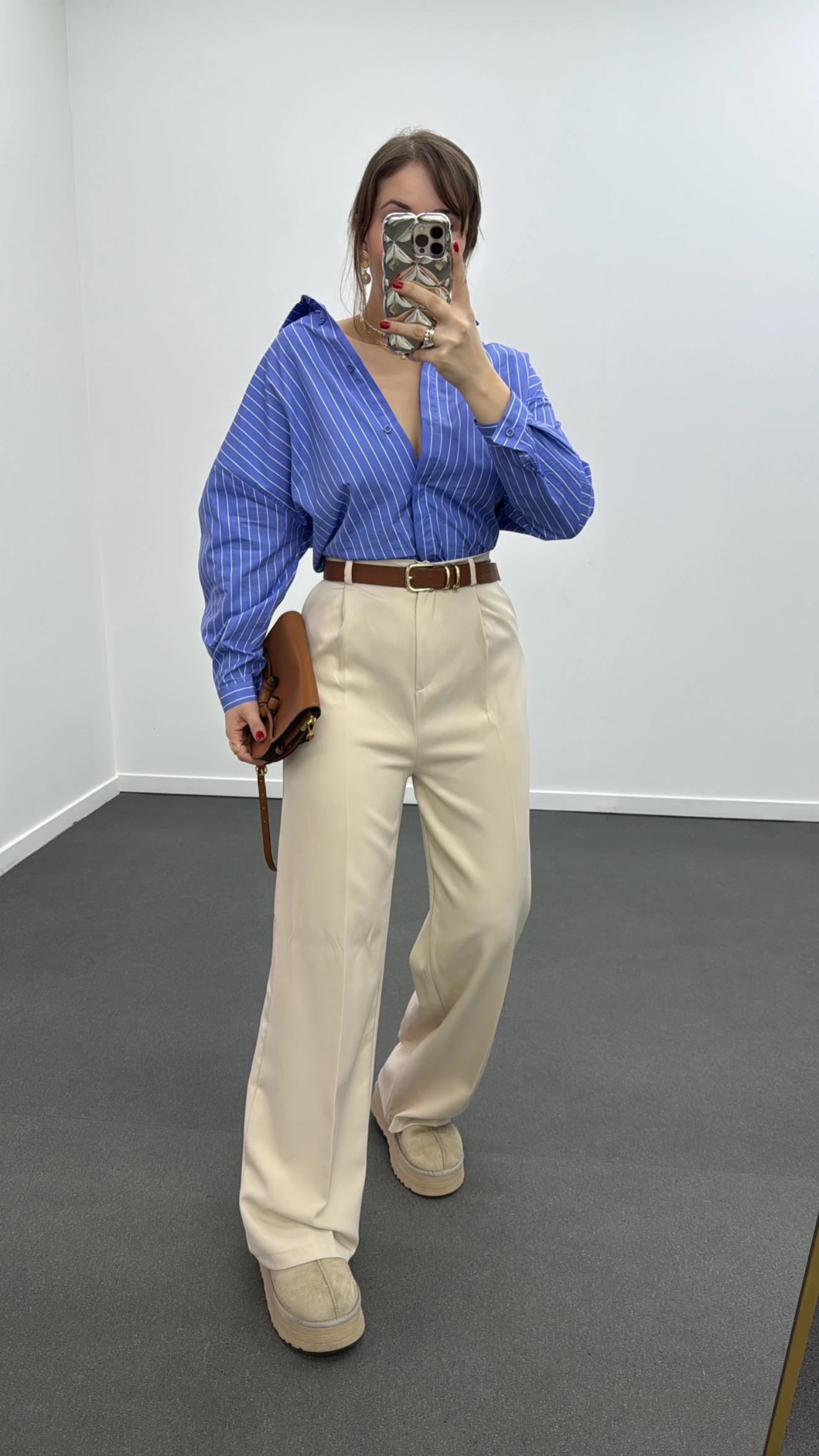 Quentin Krem Pileli Palazzo Kumaş Pantolon