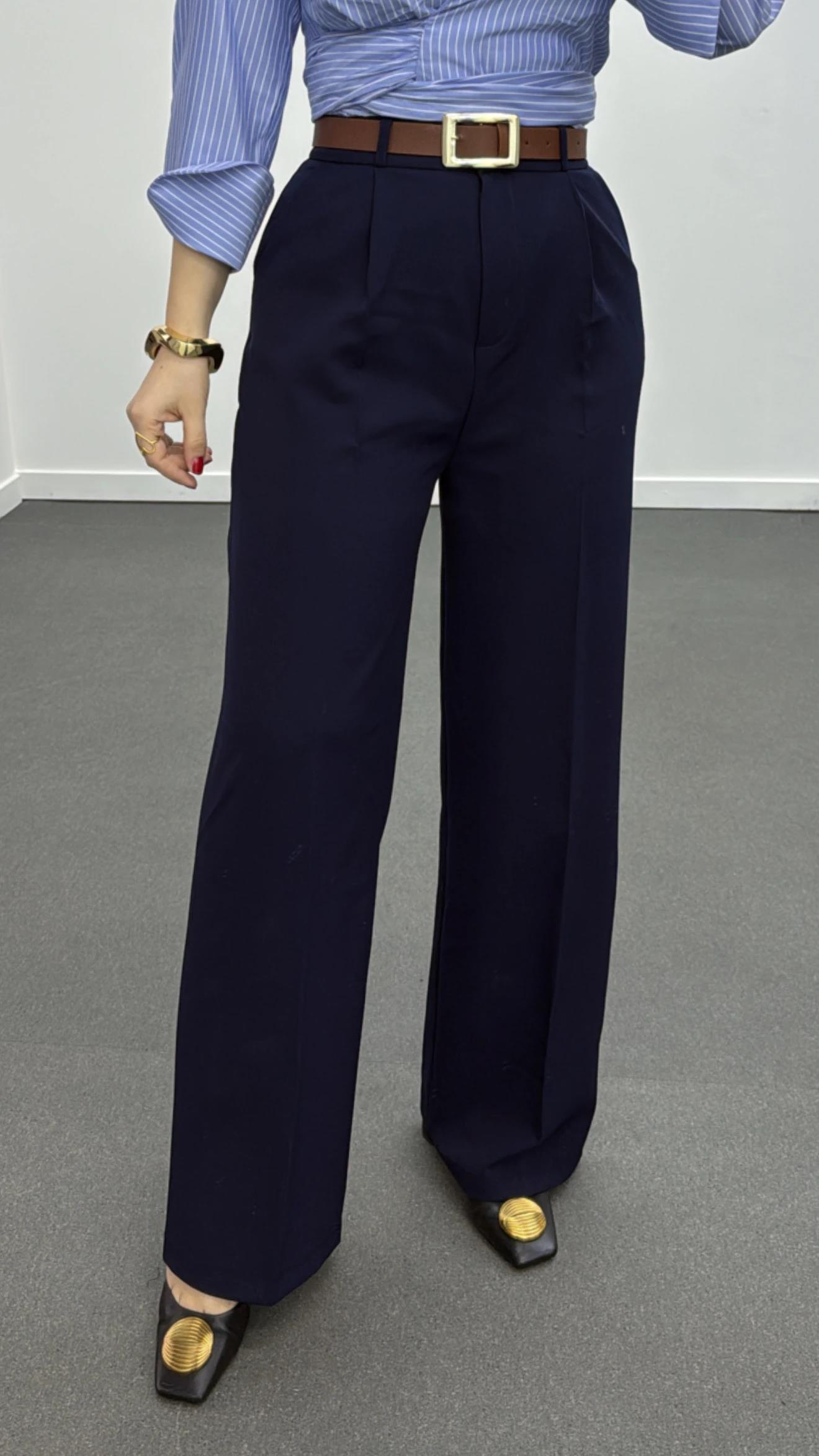 Quentin Lacivert Pileli Palazzo Kumaş Pantolon