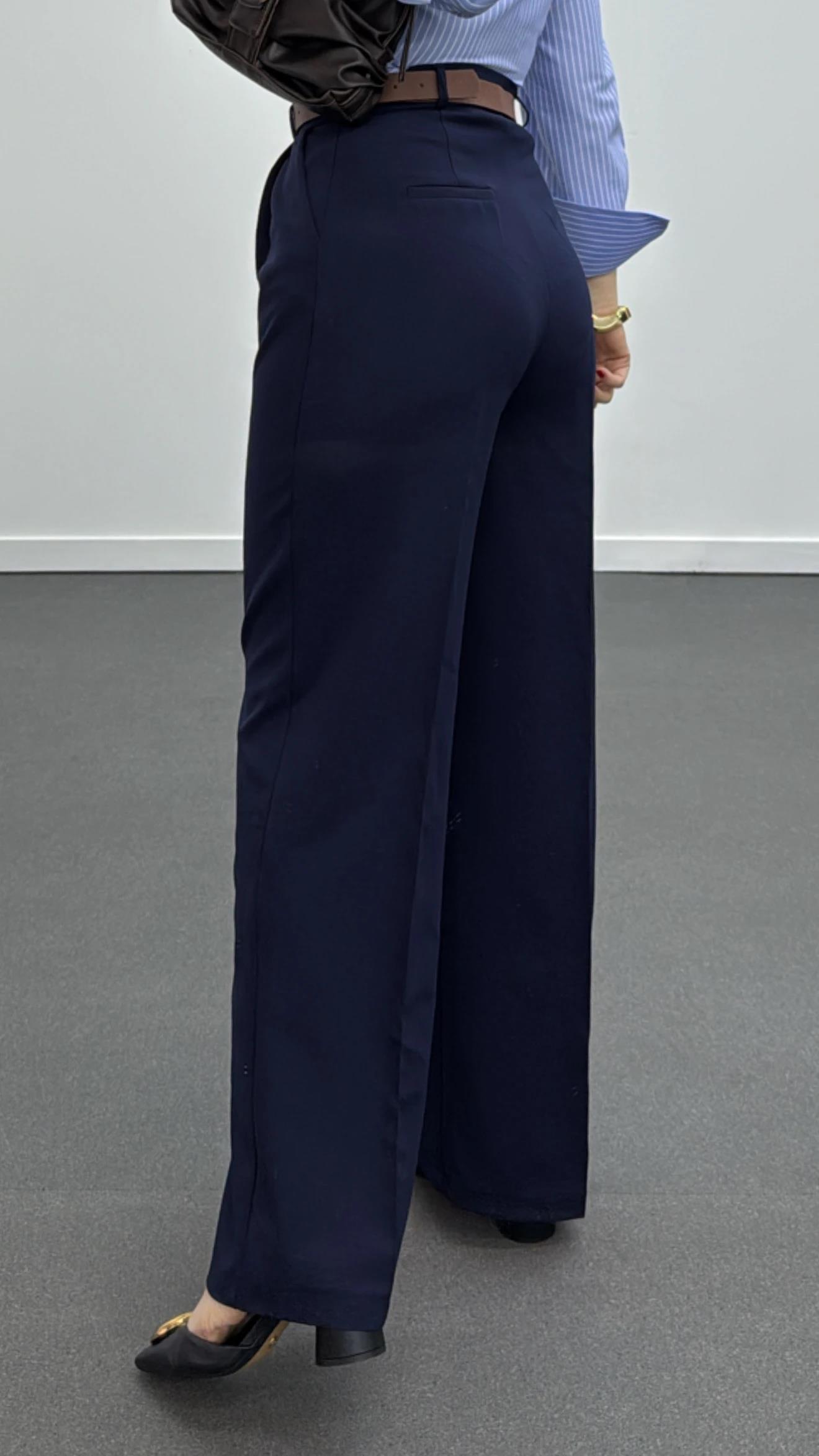 Quentin Lacivert Pileli Palazzo Kumaş Pantolon