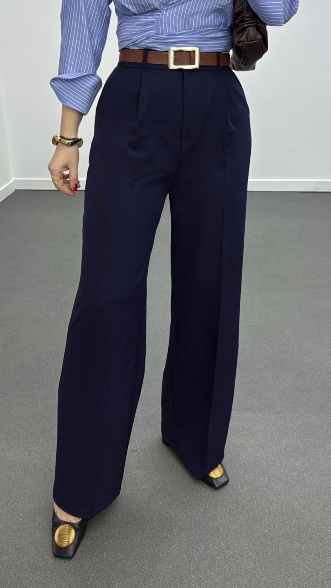 Quentin Lacivert Pileli Palazzo Kumaş Pantolon