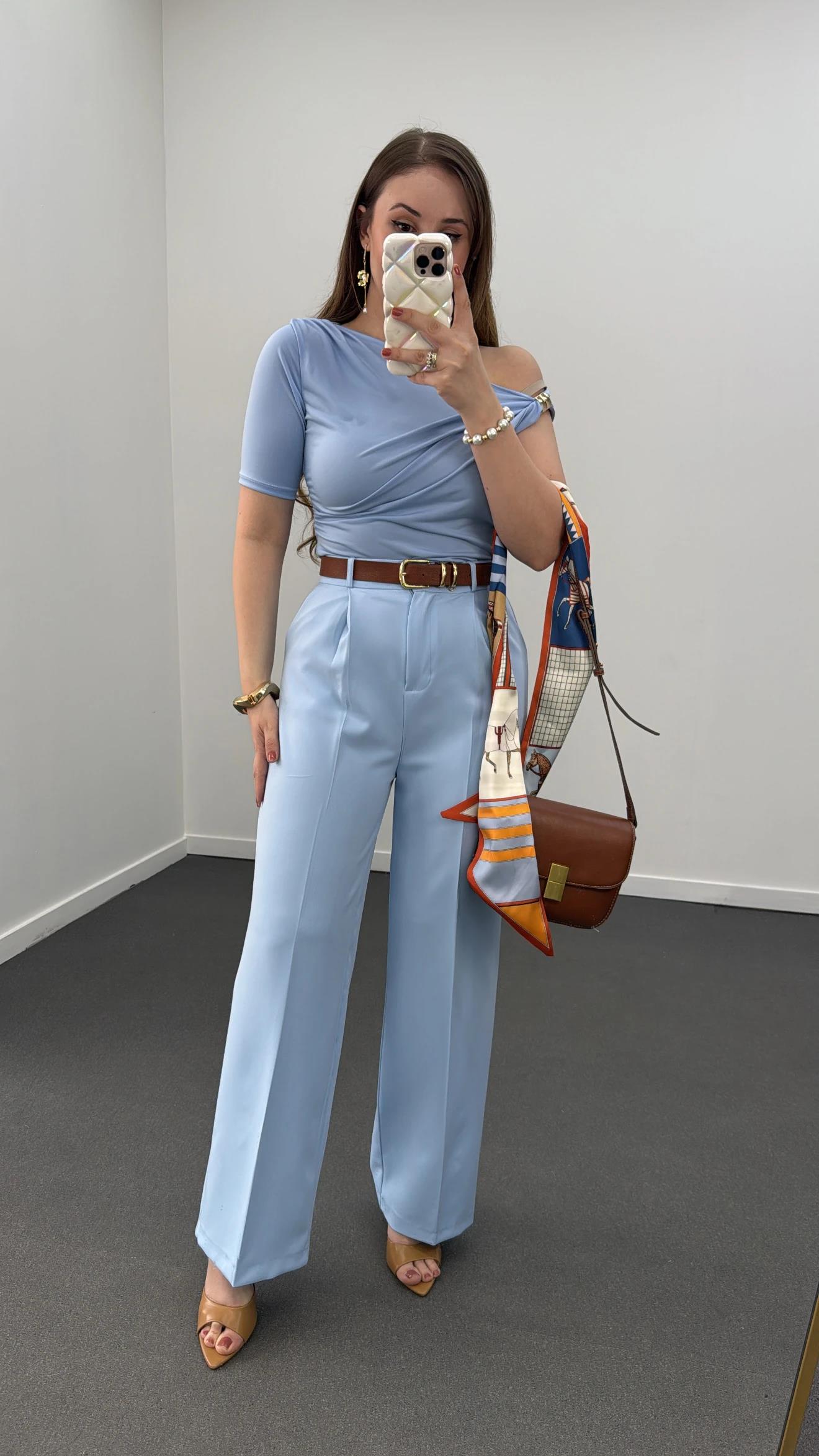 Quentin Mavi Pileli Palazzo Kumaş Pantolon