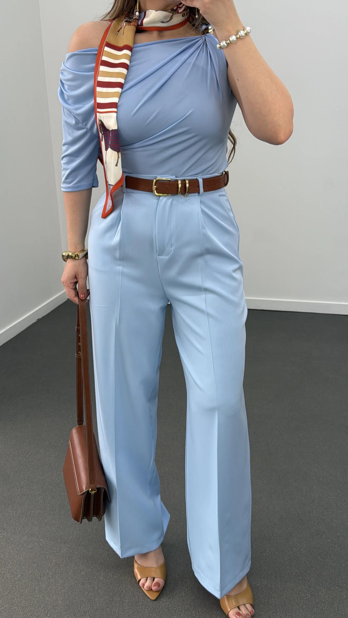 Quentin Mavi Pileli Palazzo Kumaş Pantolon