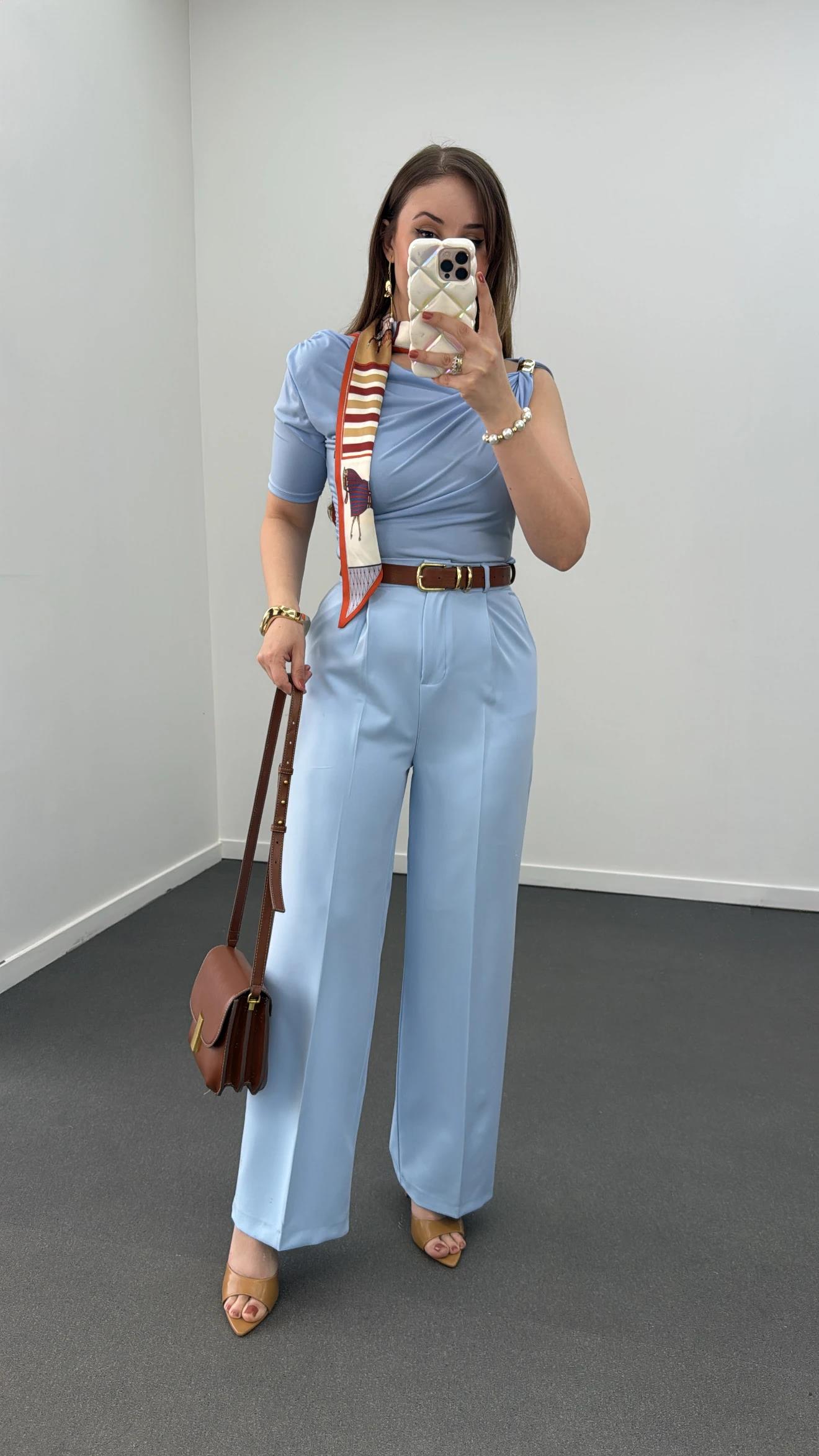 Quentin Mavi Pileli Palazzo Kumaş Pantolon