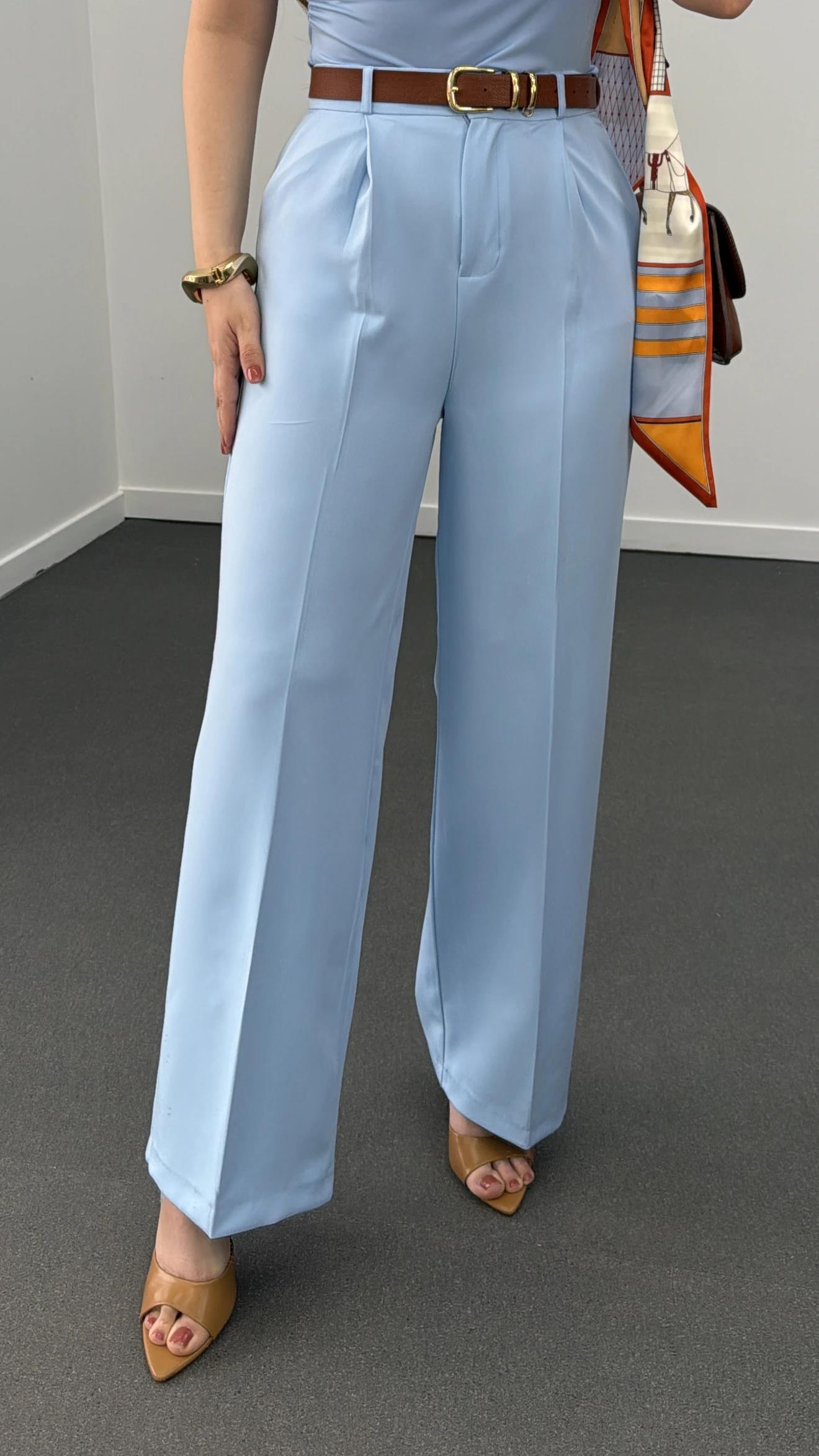 Quentin Mavi Pileli Palazzo Kumaş Pantolon