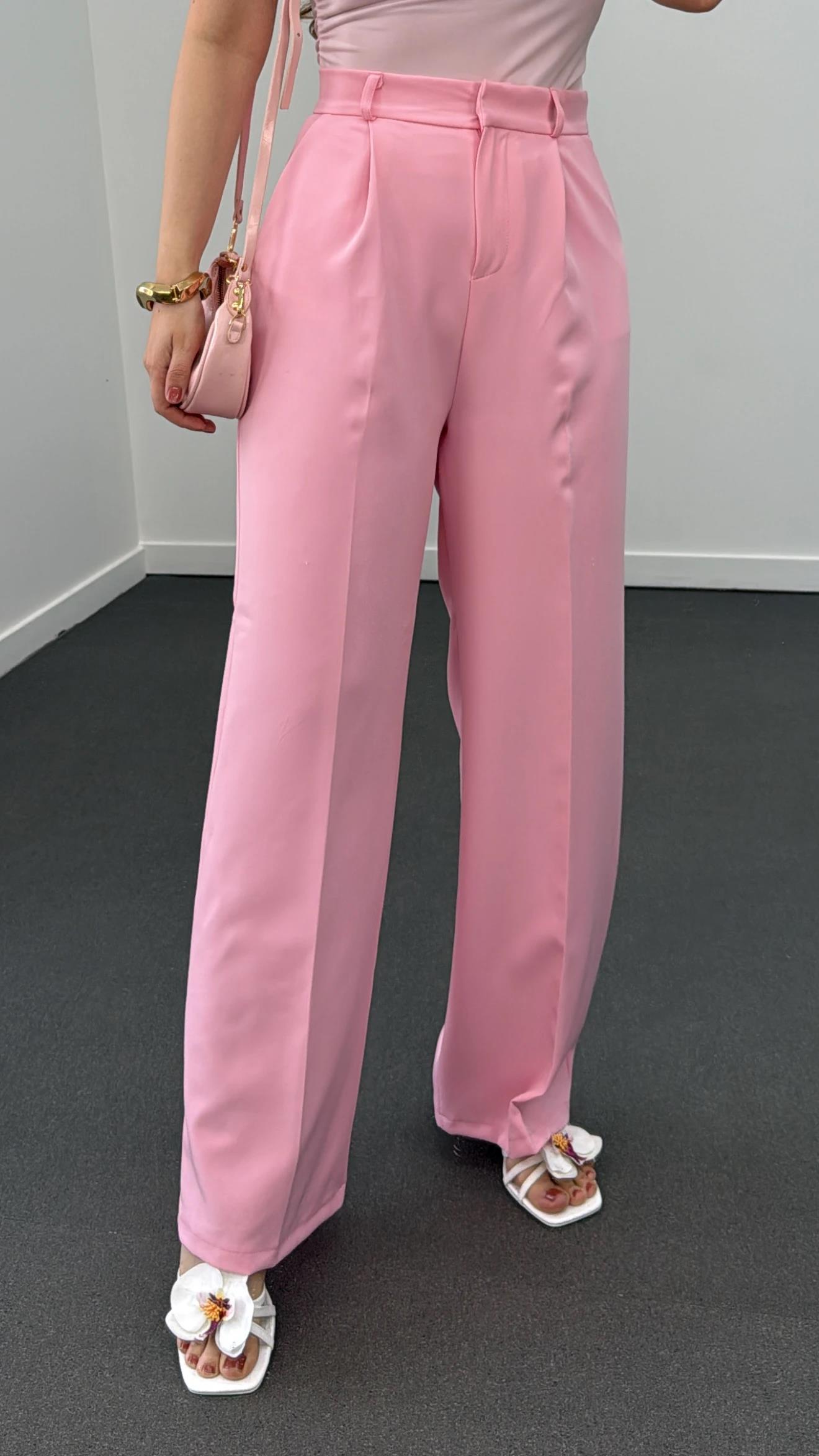 Quentin Pembe Pileli Palazzo Kumaş Pantolon