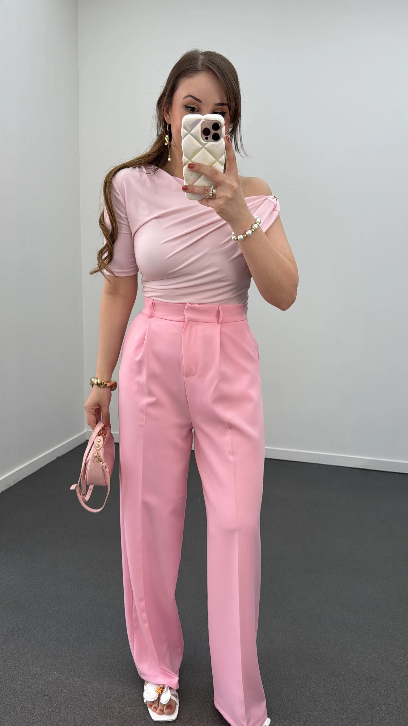 Quentin Pembe Pileli Palazzo Kumaş Pantolon