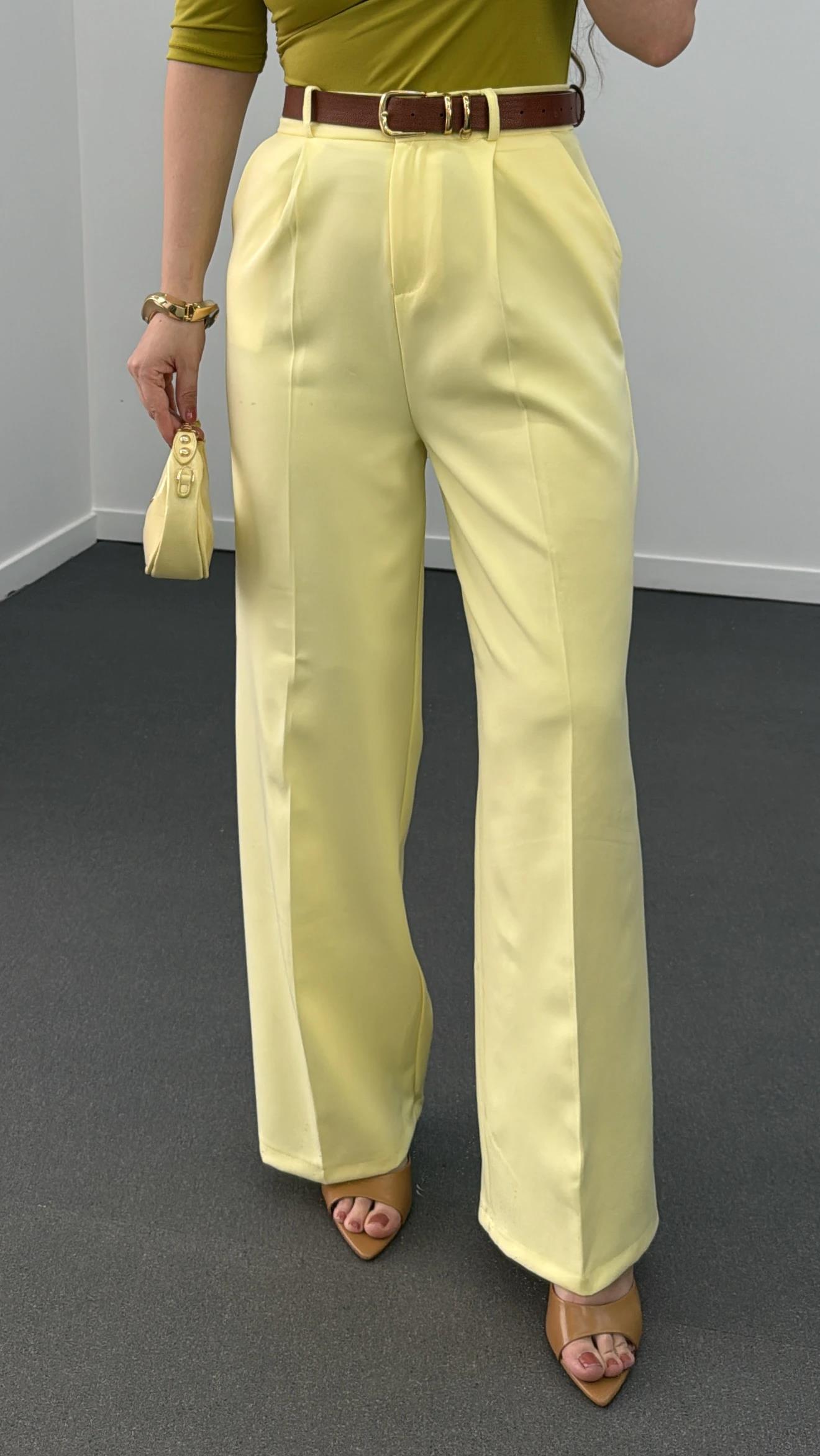 Quentin Sarı Pileli Palazzo Kumaş Pantolon