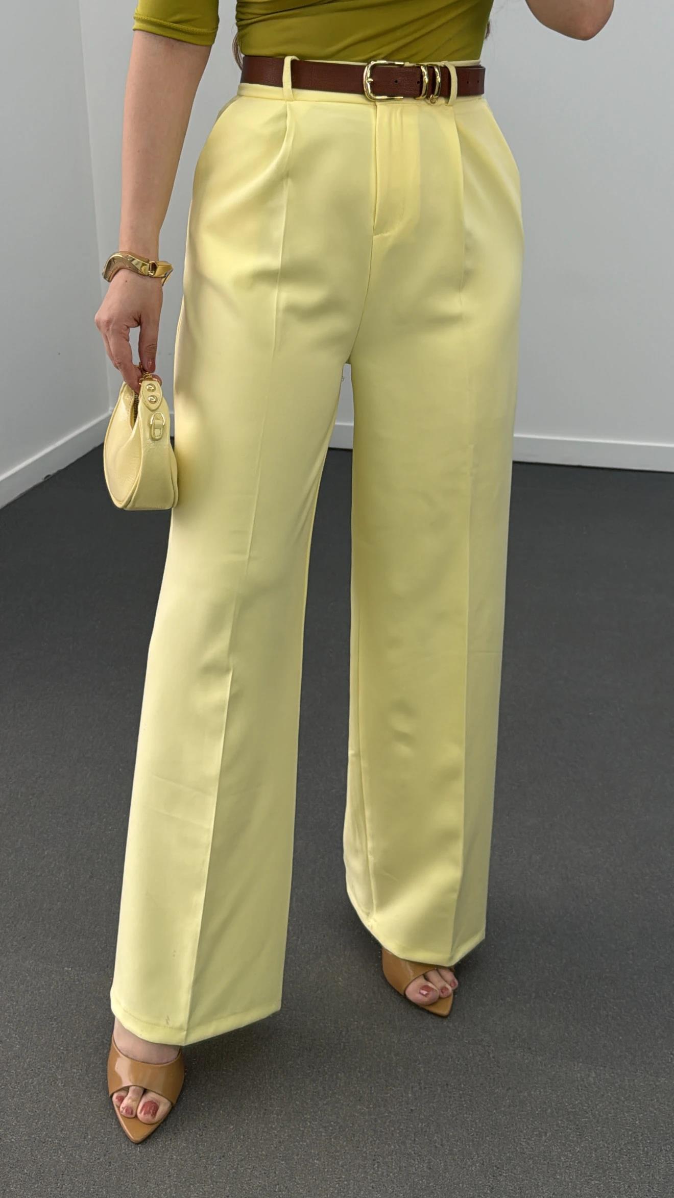 Quentin Sarı Pileli Palazzo Kumaş Pantolon