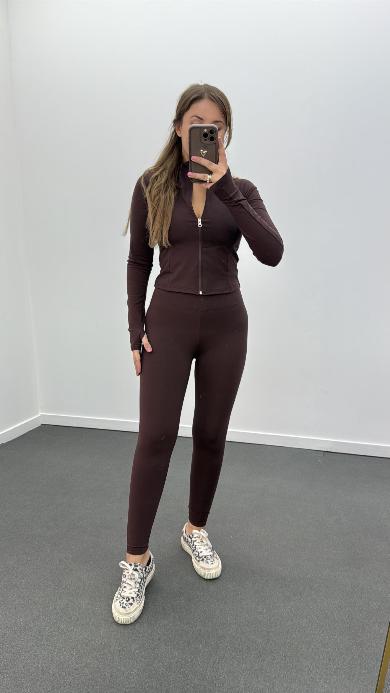 Range Kahverengi Fermuarlı Slim Hırka Ve Tayt Takımı