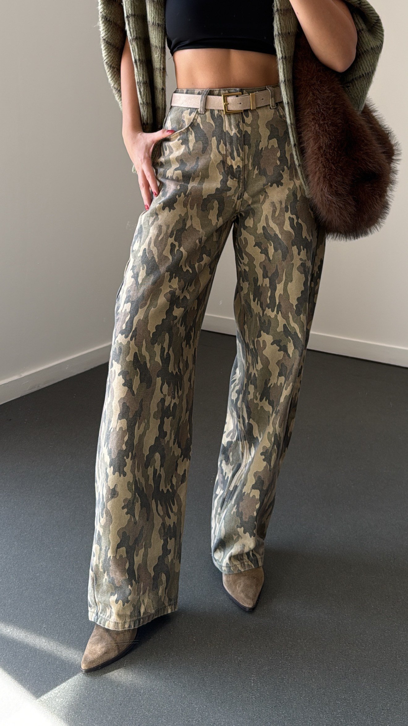 Ranger Kamuflaj Desenli Wide Leg Jeans