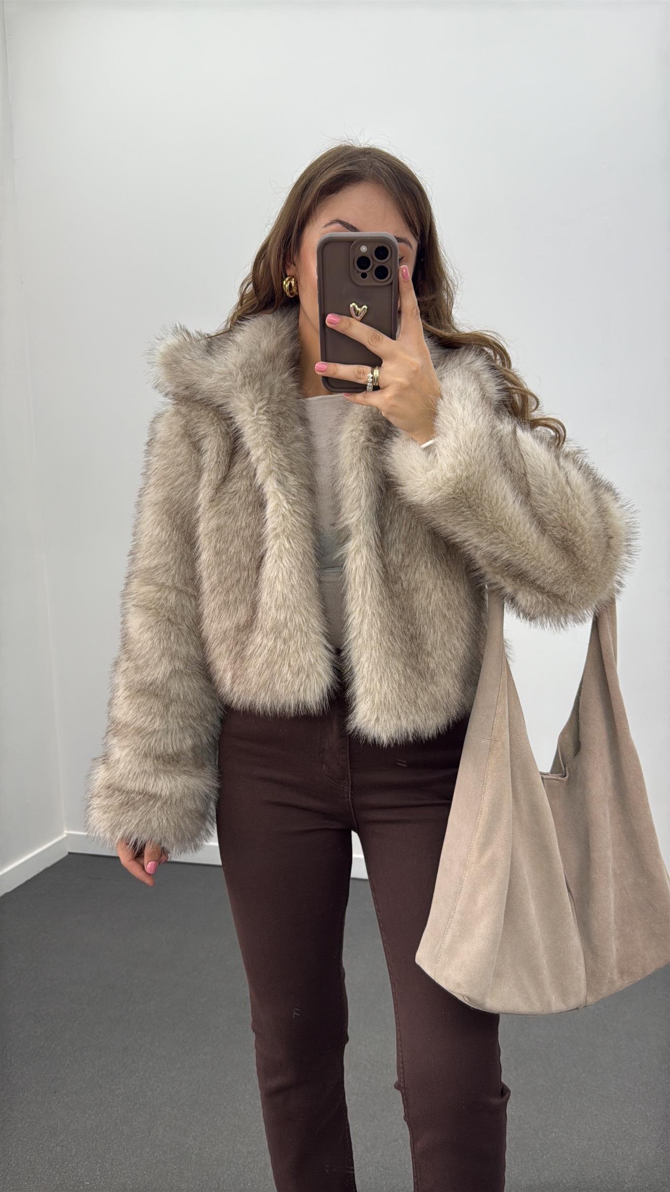 Rayne Kahve Krem Crop Boy Premium Kürk