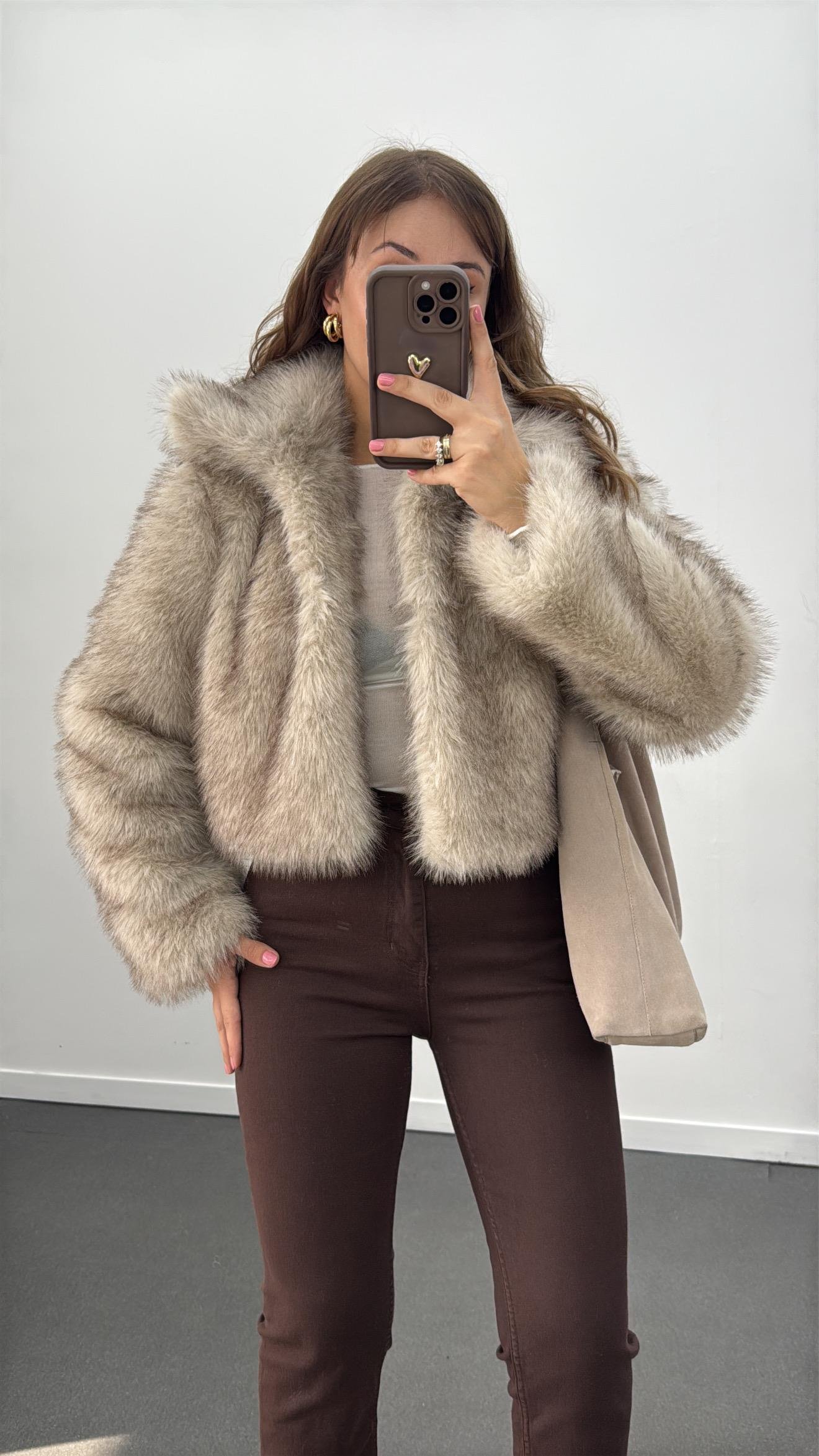 Rayne Kahve Krem Crop Boy Premium Kürk