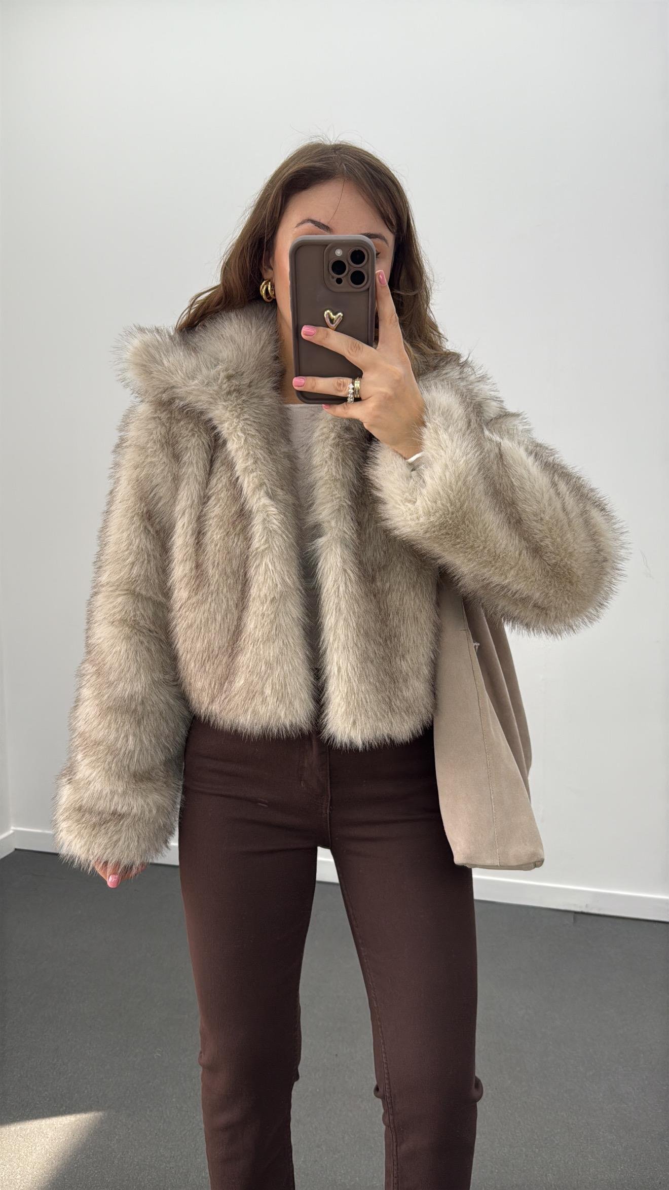 Rayne Kahve Krem Crop Boy Premium Kürk