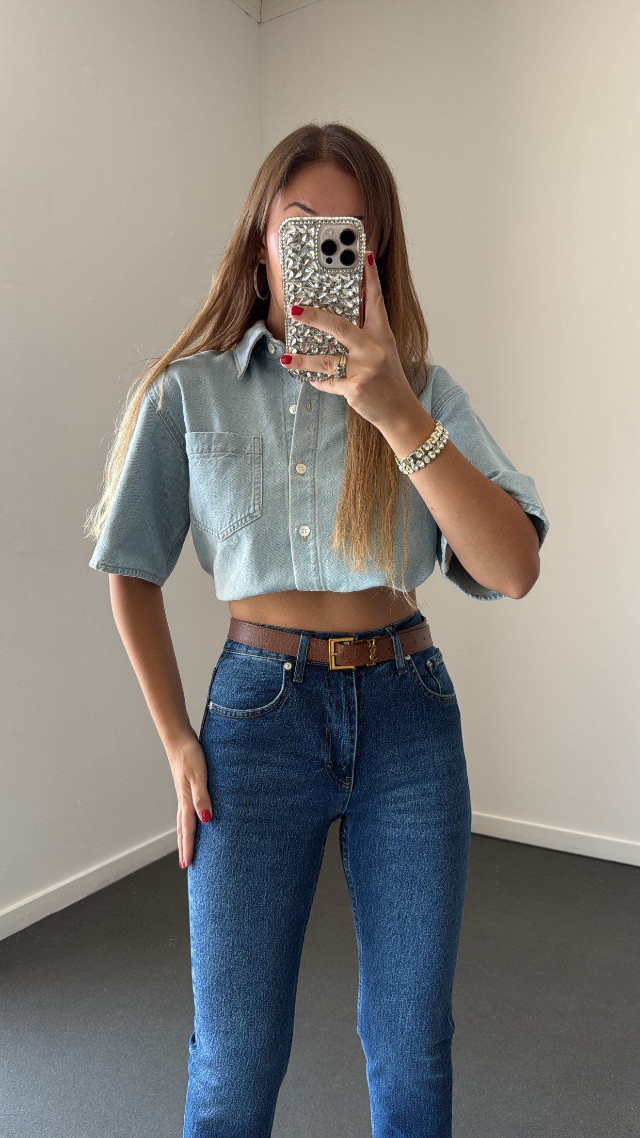 Reece Buz Mavi Kısa Kol Crop Kot Gömlek
