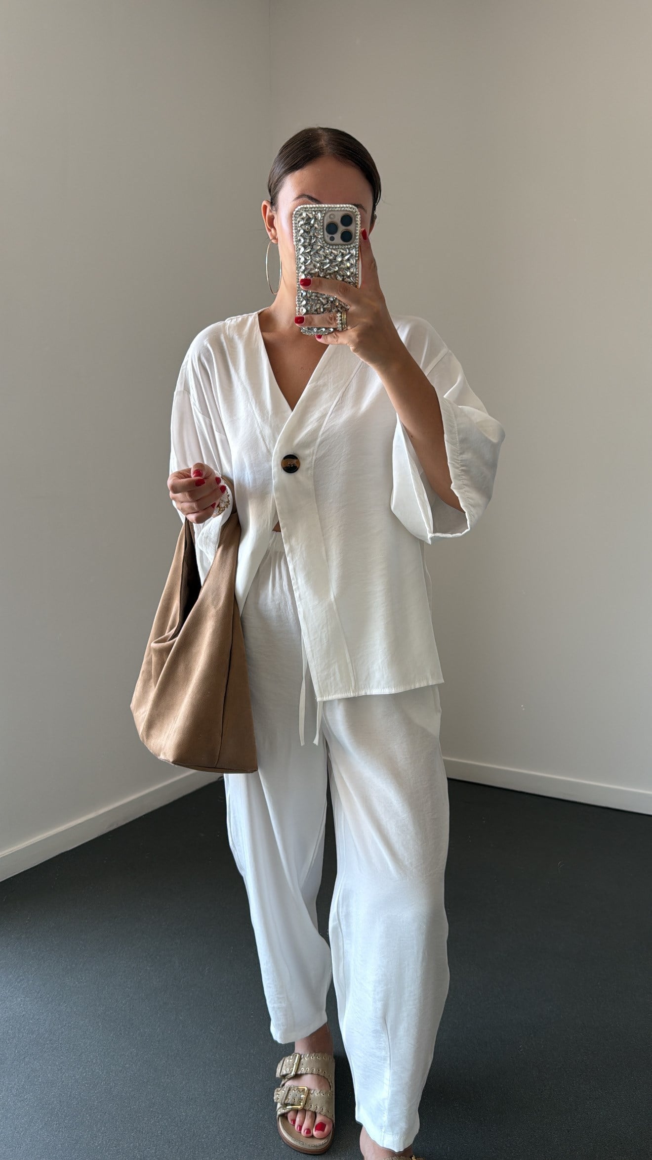 Reina Beyaz Modal Kimono Ve Şalvar Pantolon Takımı