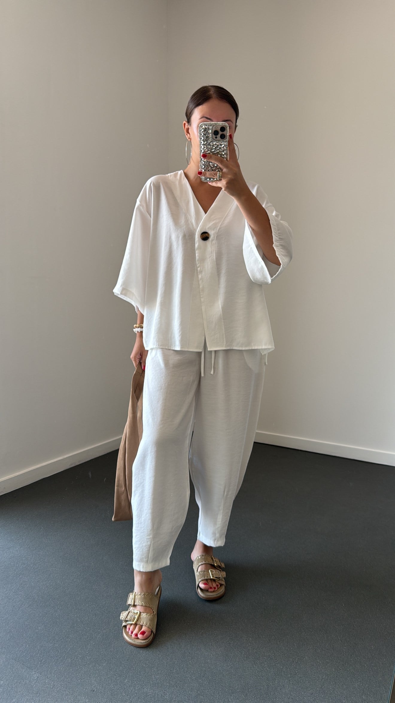 Reina Beyaz Modal Kimono Ve Şalvar Pantolon Takımı