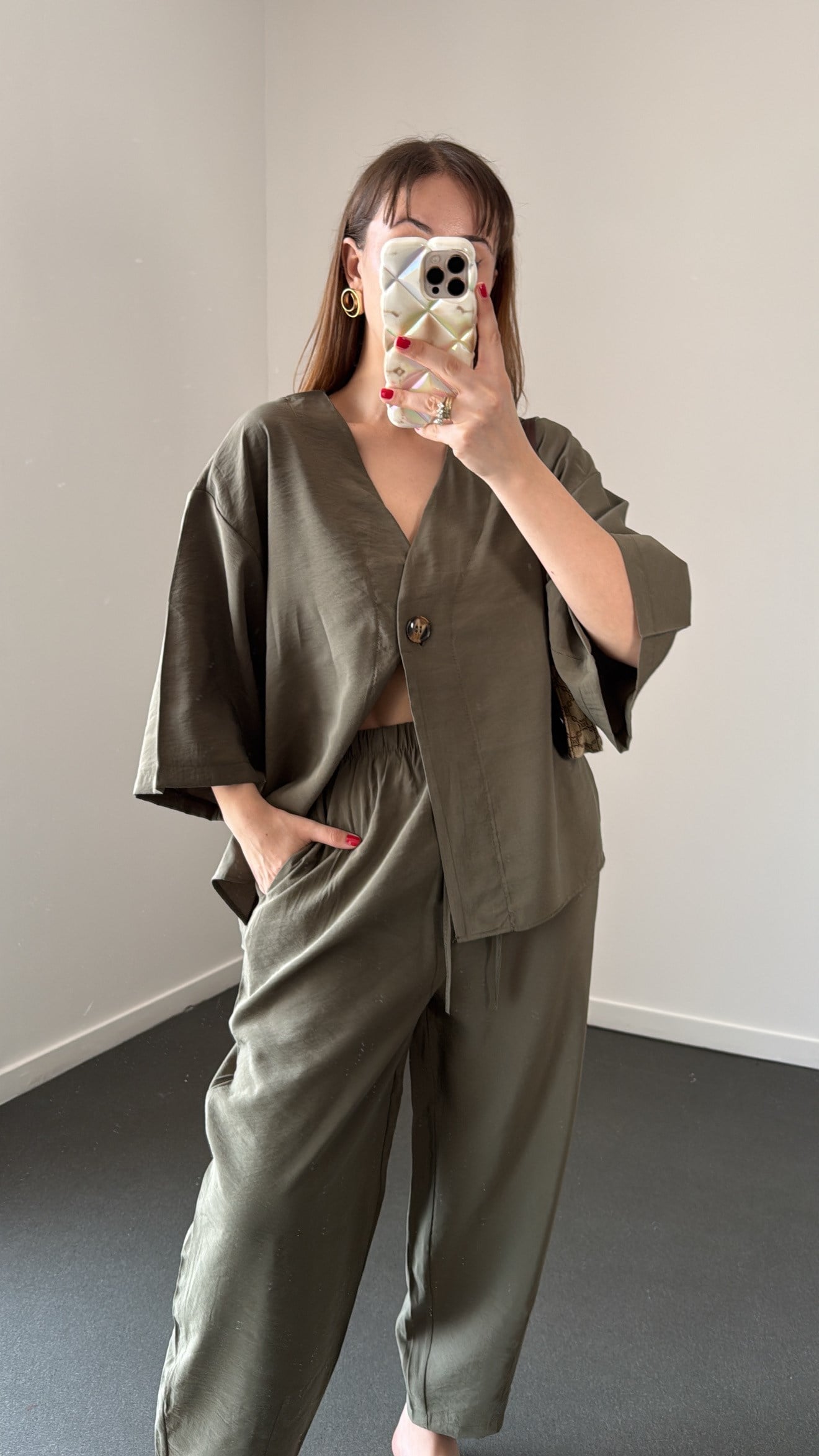 Reina Haki Modal Kimono Ve Şalvar Pantolon Takım