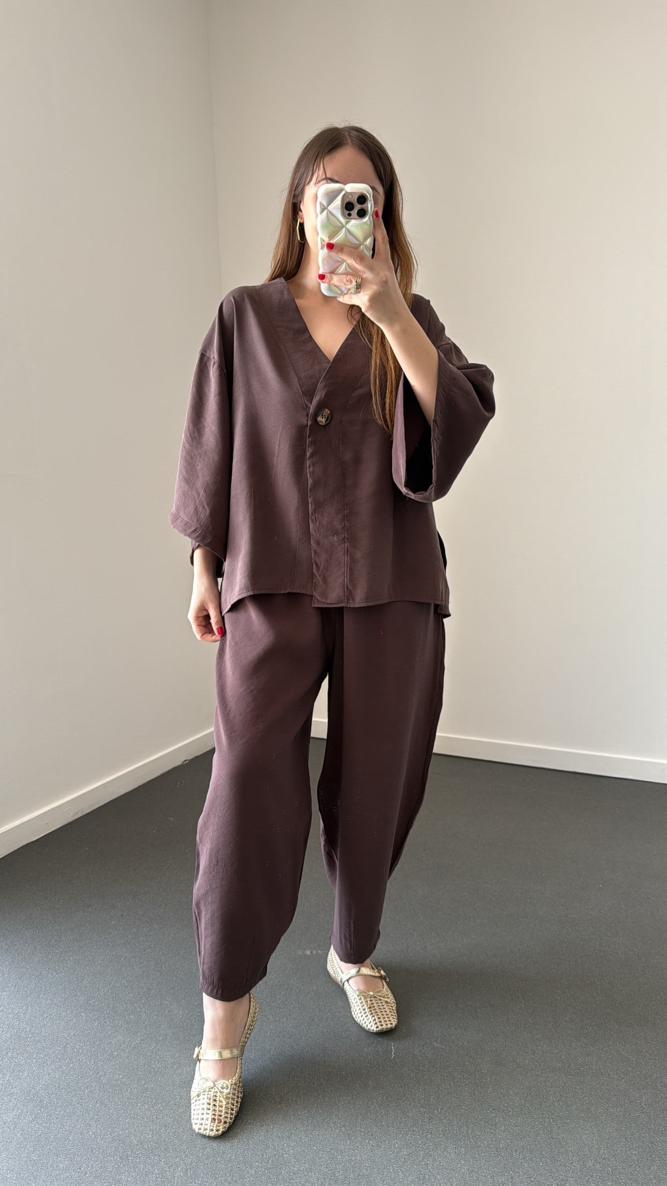 Reina Kahve Modal Kimono Ve Şalvar Pantolon Takımı