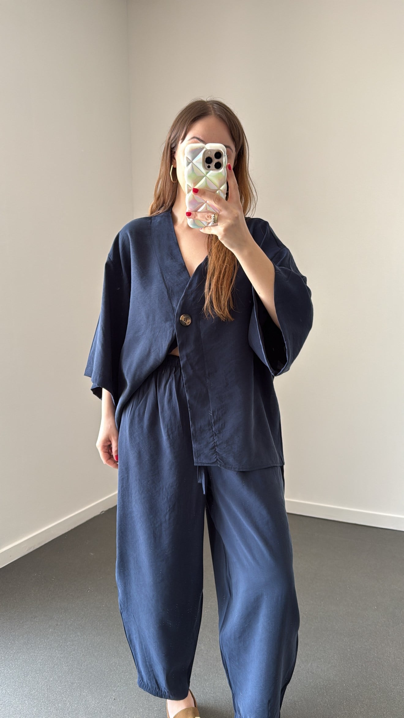 Reina Lacivert Modal Kimono Ve Şalvar Pantolon Takımı