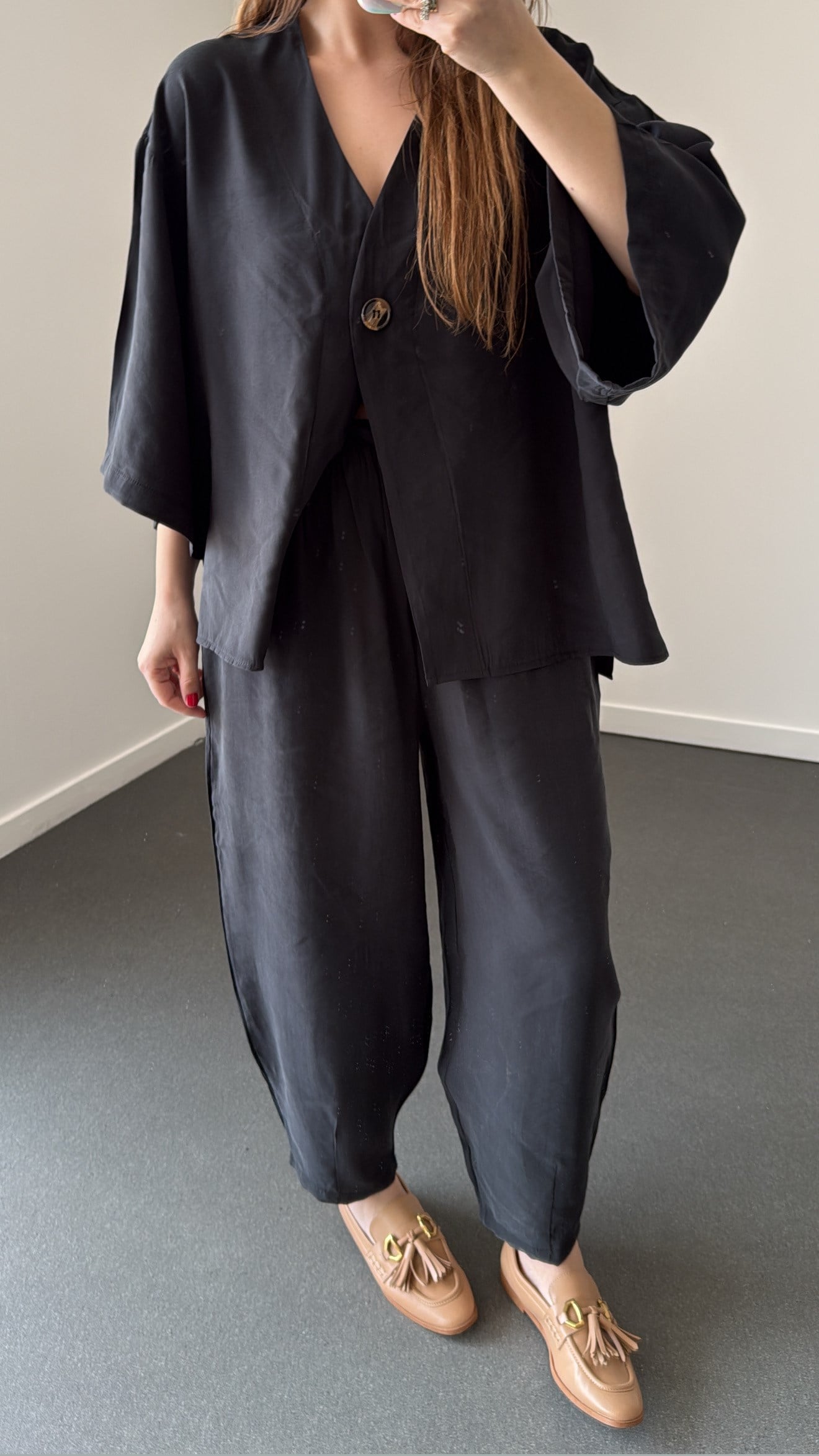 Reina Siyah Modal Kimono Ve Şalvar Pantolon Takımı