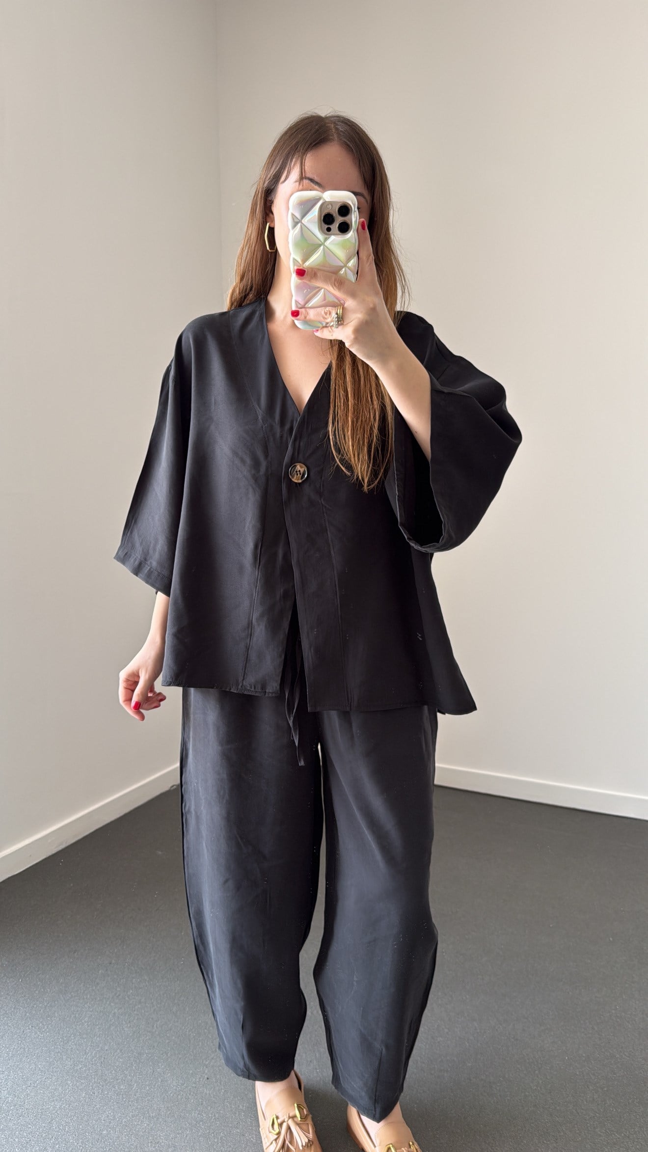 Reina Siyah Modal Kimono Ve Şalvar Pantolon Takımı