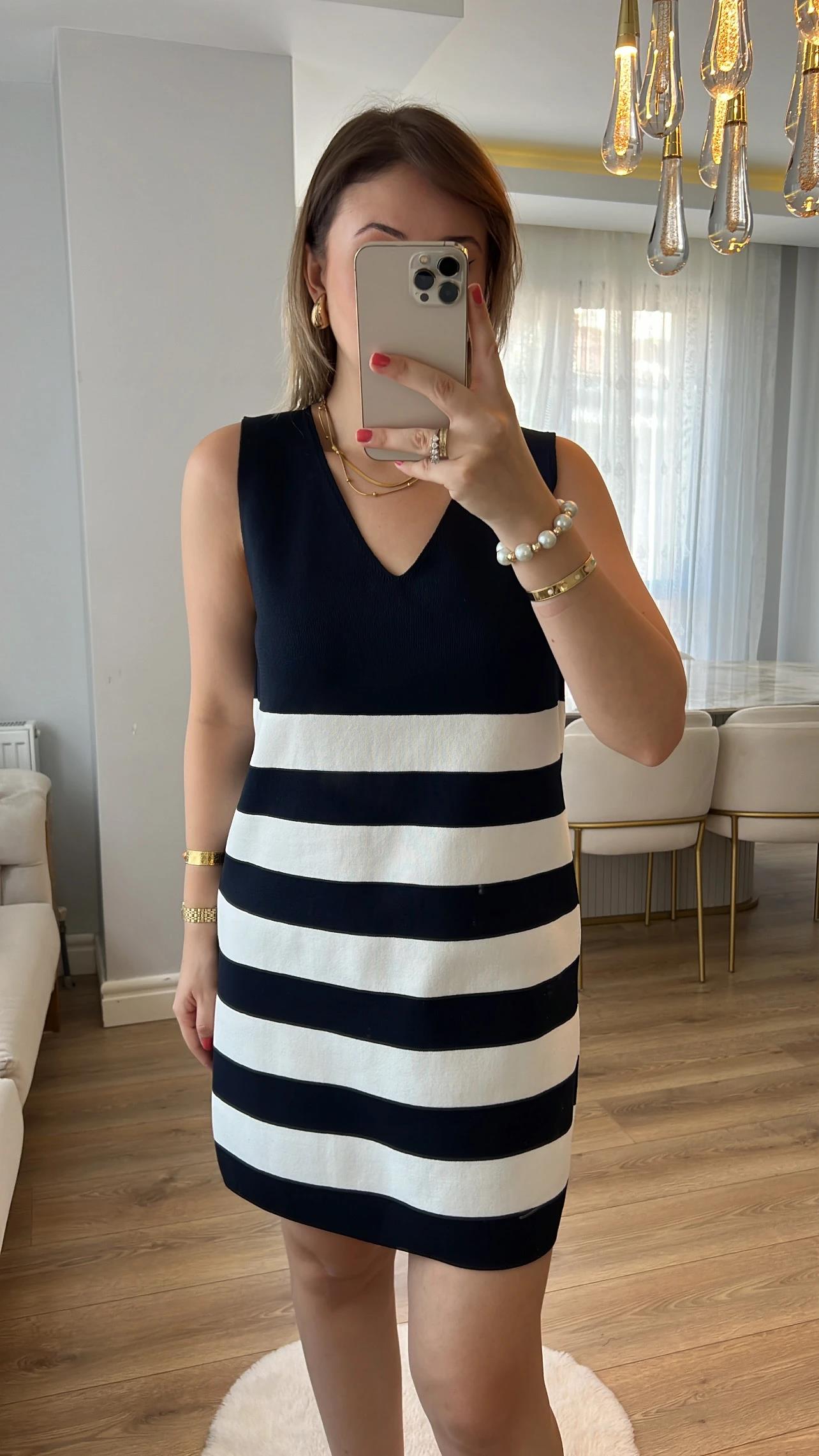 Rhone Lacivert Çizgili Çelik Örme Elbise