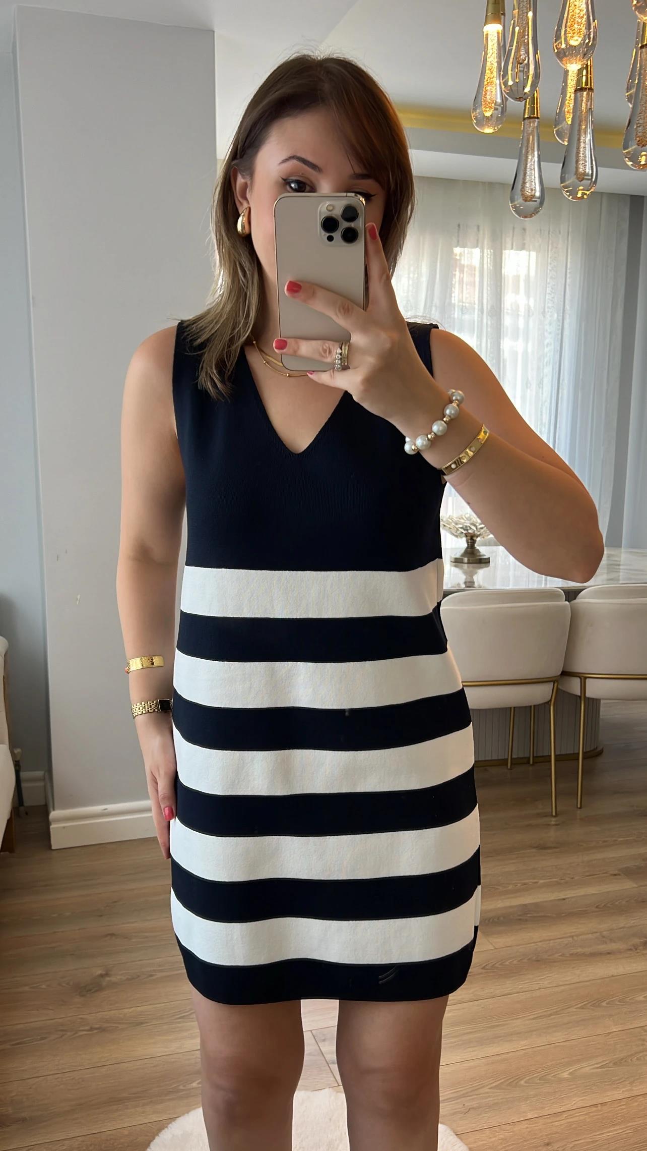 Rhone Lacivert Çizgili Çelik Örme Elbise