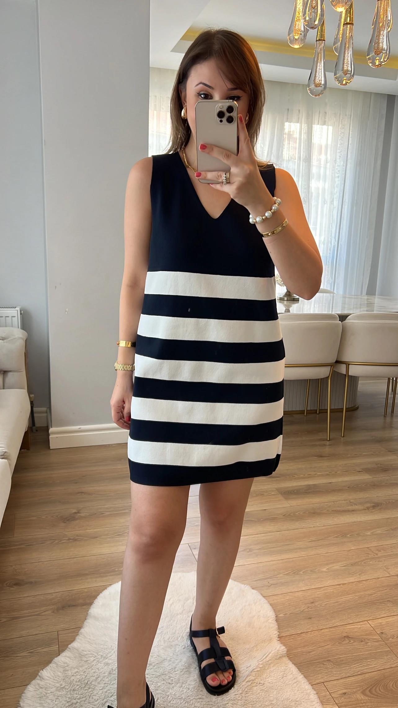 Rhone Lacivert Çizgili Çelik Örme Elbise